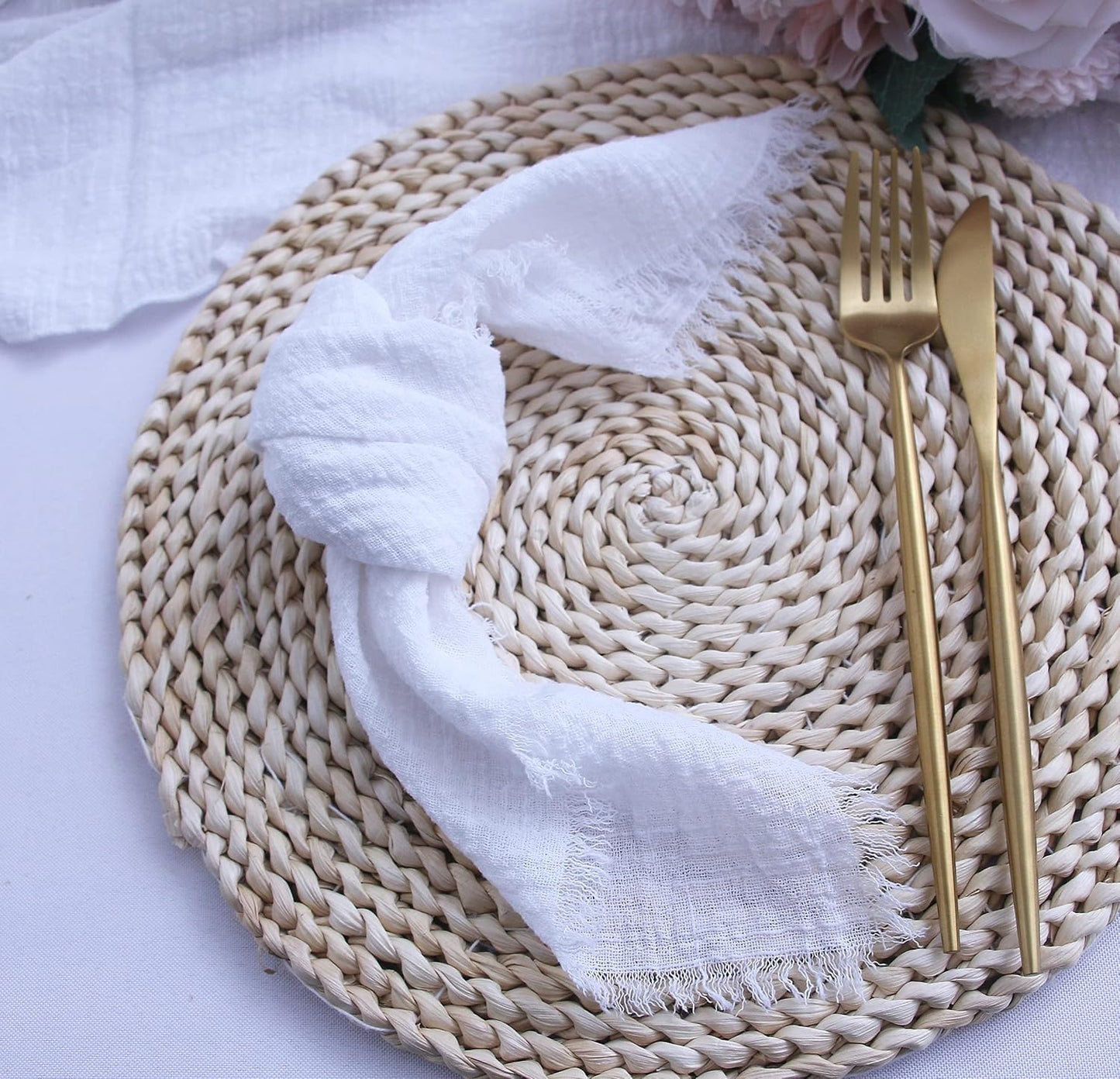 Cloth Napkins with Fringe Set of 12, Soft Cotton, 16 x 16 Inches, White | Boho Rustic Dinner Napkins, Reusable Washable
