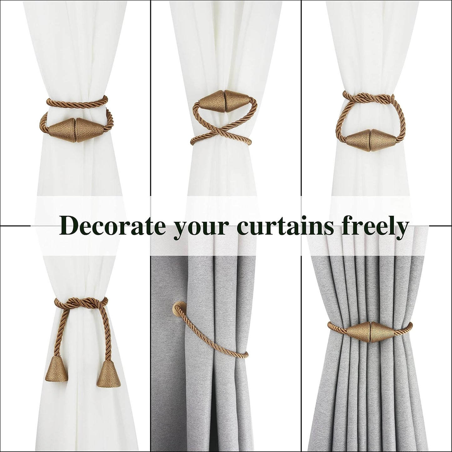 6 Pack Magnetic Curtain Tiebacks Rope Modern Handmade Curtain Tie Backs Decorative Drapes Weave Holdbacks for Window