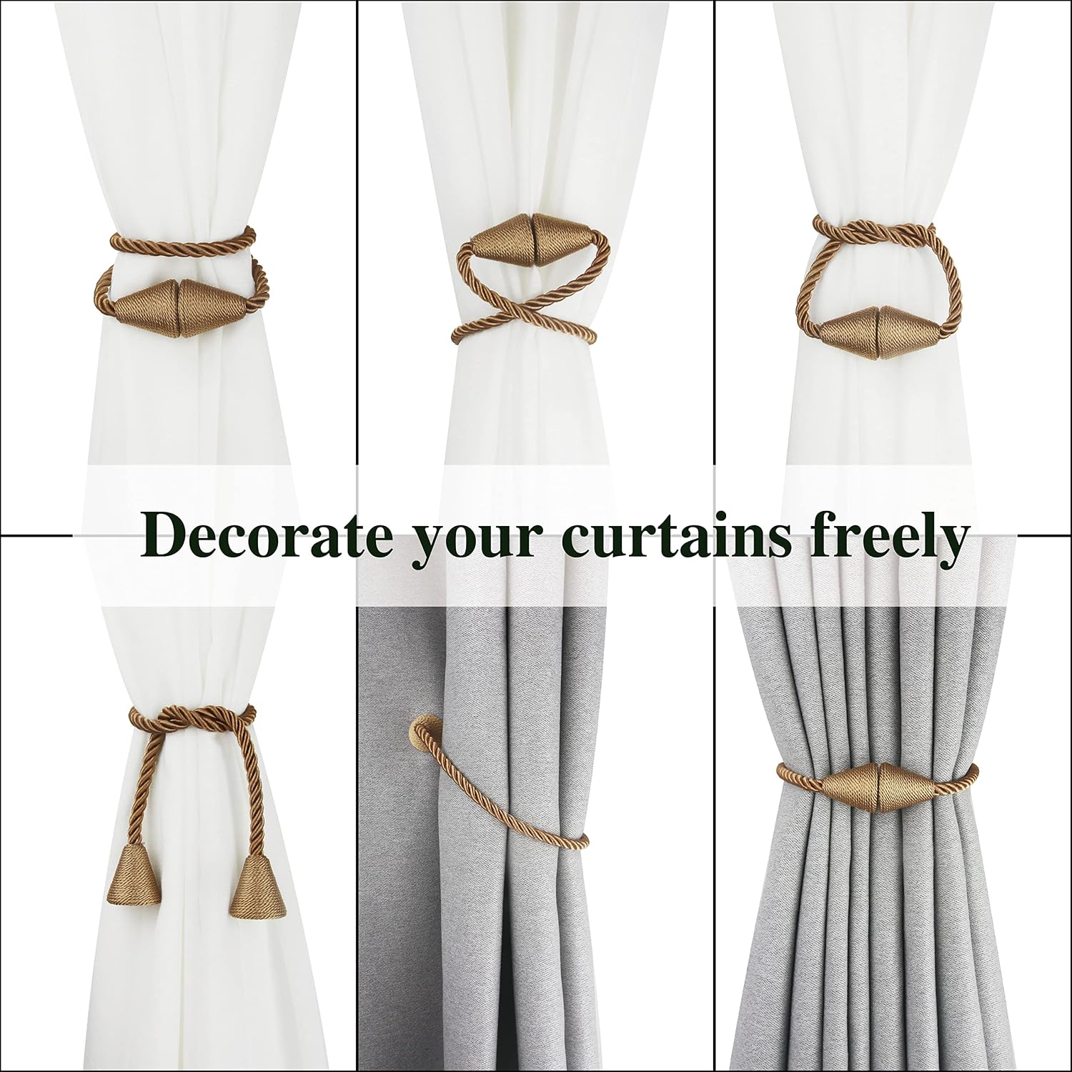 6 Pack Magnetic Curtain Tiebacks Rope Modern Handmade Curtain Tie Backs Decorative Drapes Weave Holdbacks for Window