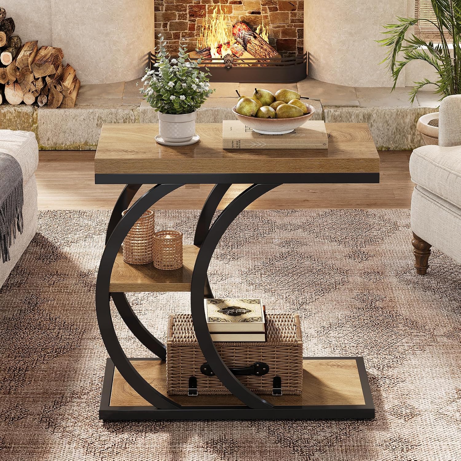 3-Tier Narrow Wood Couch C-Shaped Side Table