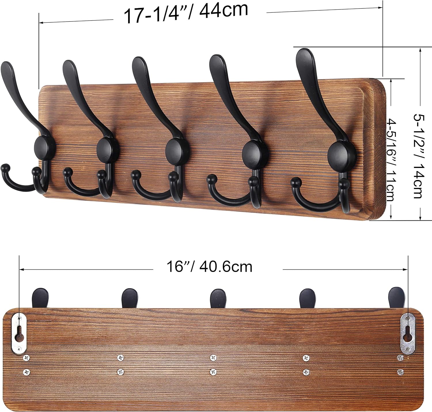 Rustic Wall Mounted Coat Rack / 1 Item-5 Hooks / Brown Plate & Black Hook