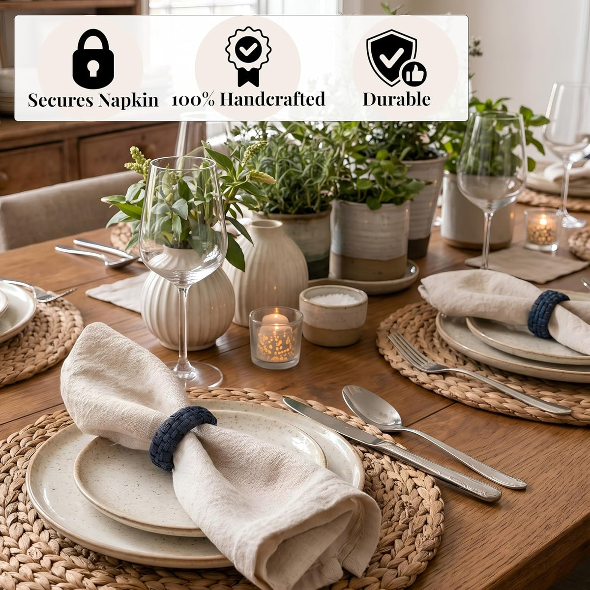 Cane Woven Napkin Rings, Navy Blue, 12-Pack | Natural cane, durable plastic core, 2.25x2.25x0.5 in, bohemian coastal