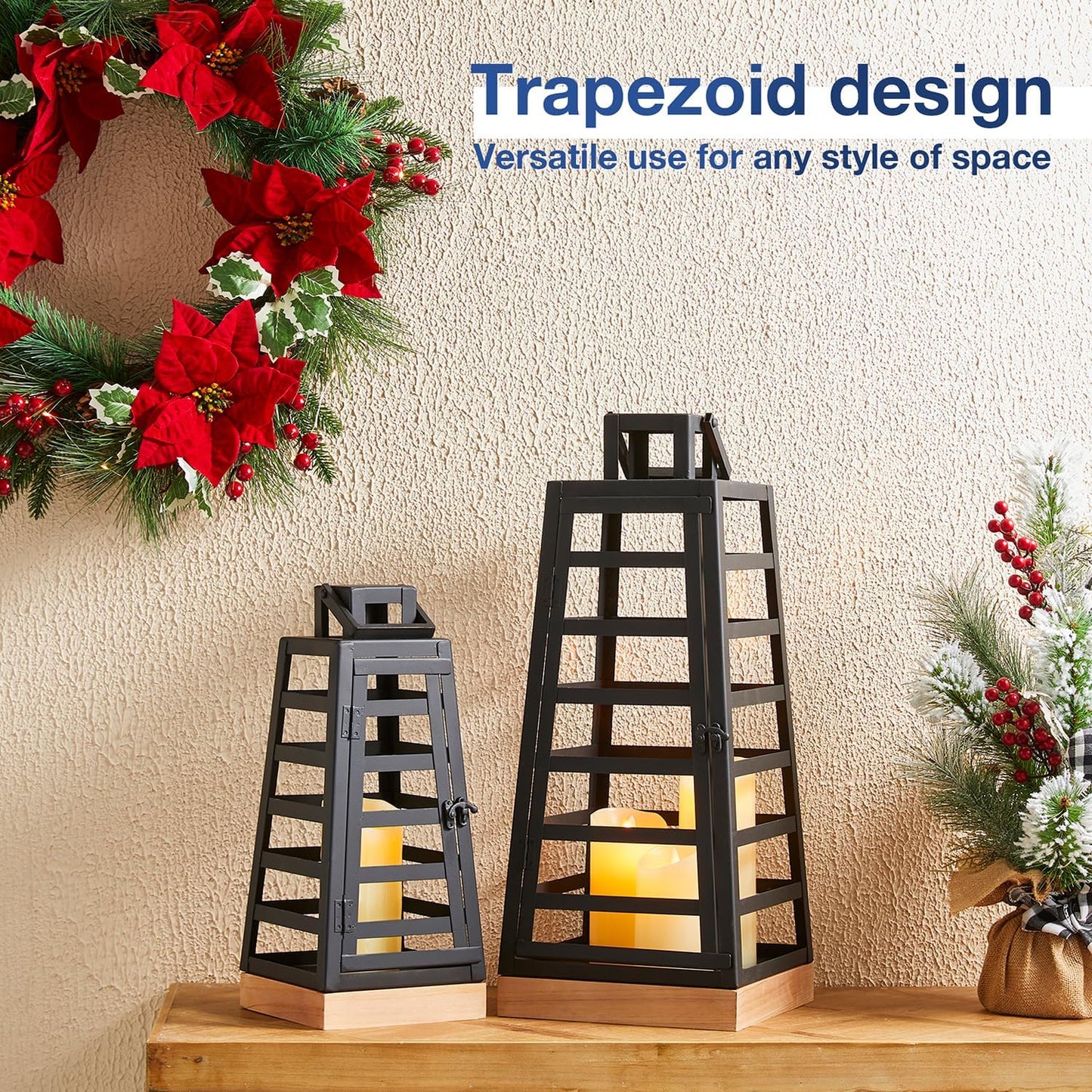 Glitzhome Set of 2 Modern Trapezoid Metal/Wood Hanging Lanterns, Decorative Candle Holder Lanterns for Outdoor & Indoor