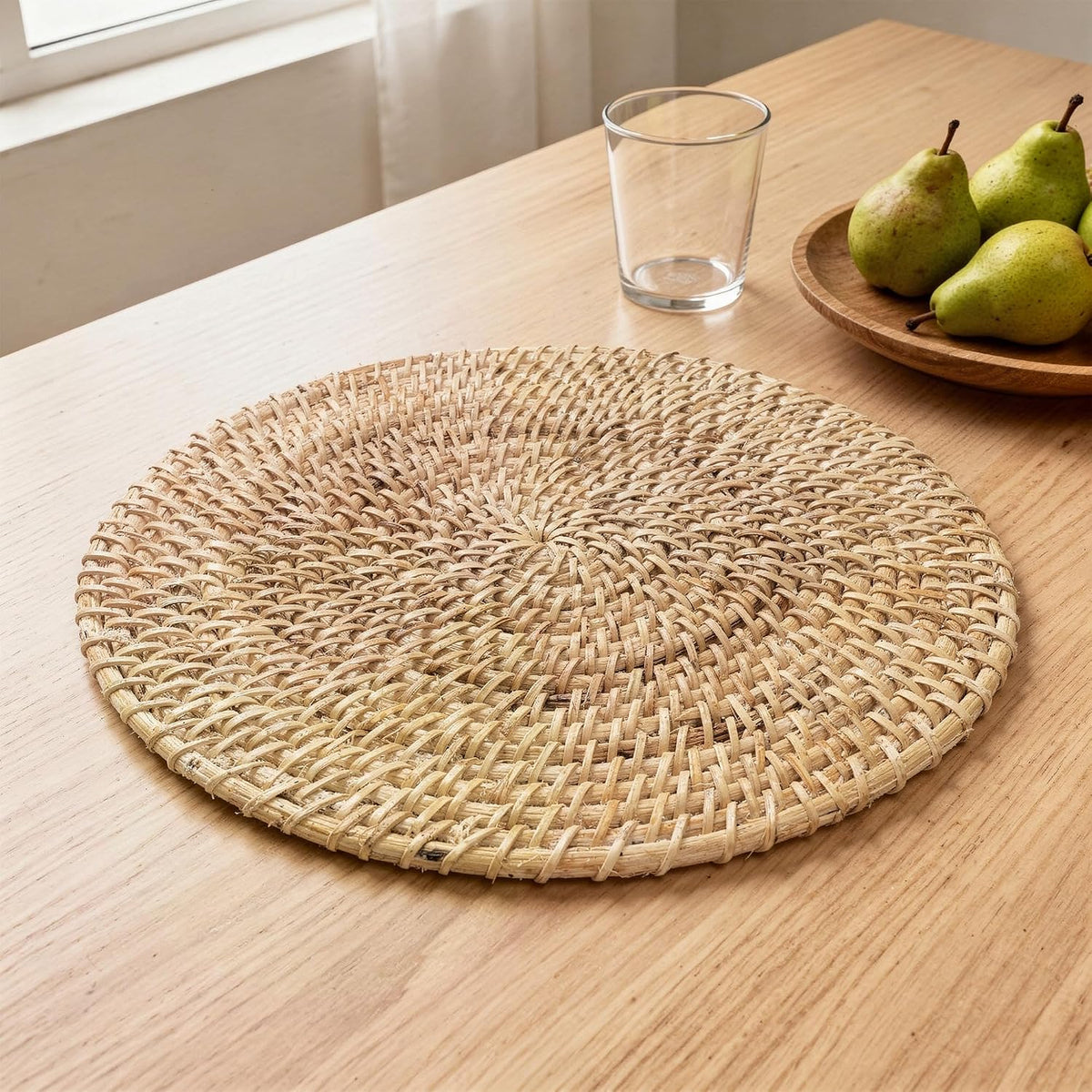 Encasa XO Rattan Placemats, Woven Wicker Table Mats 12" Natural | Handcrafted Natural Cane | Boho Farmhouse Plate
