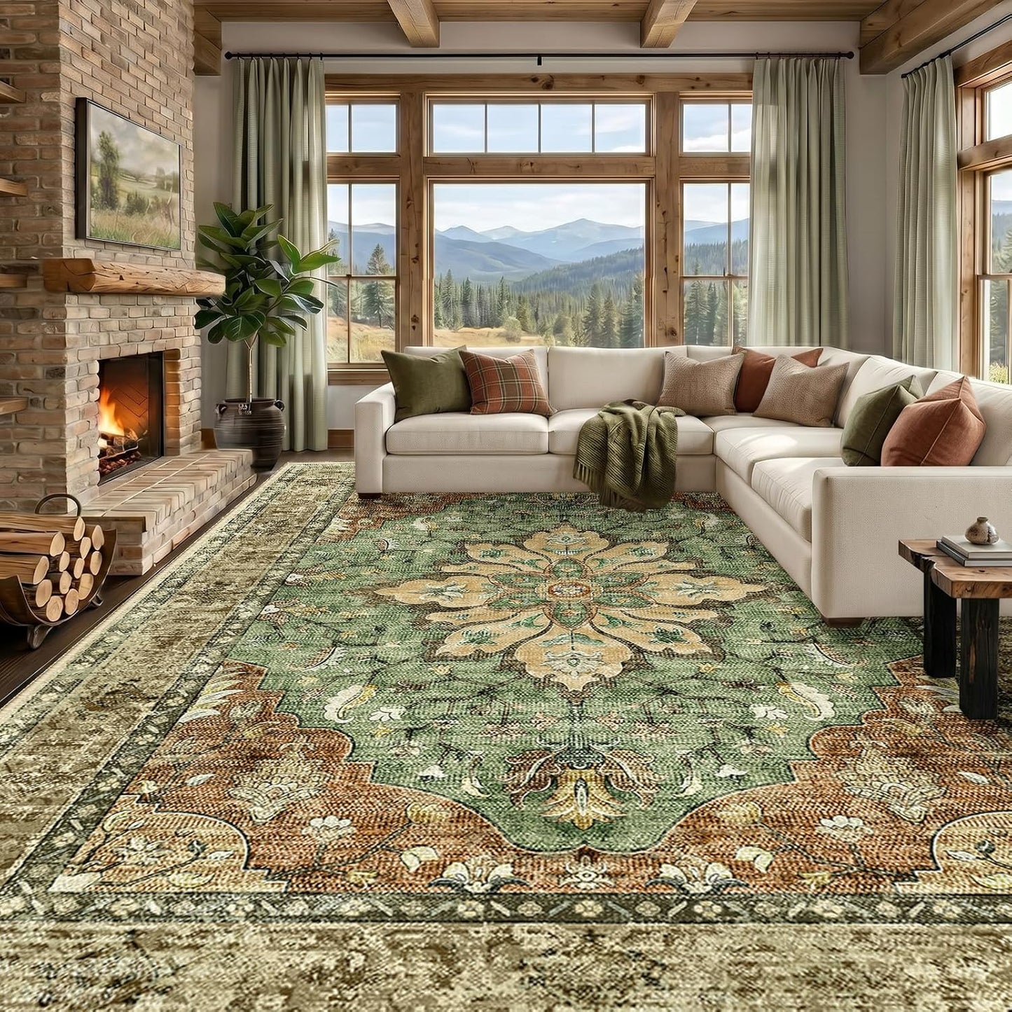 RELEANY Washable Area Rug, Runner 3'x12', Brick/Brown/Green