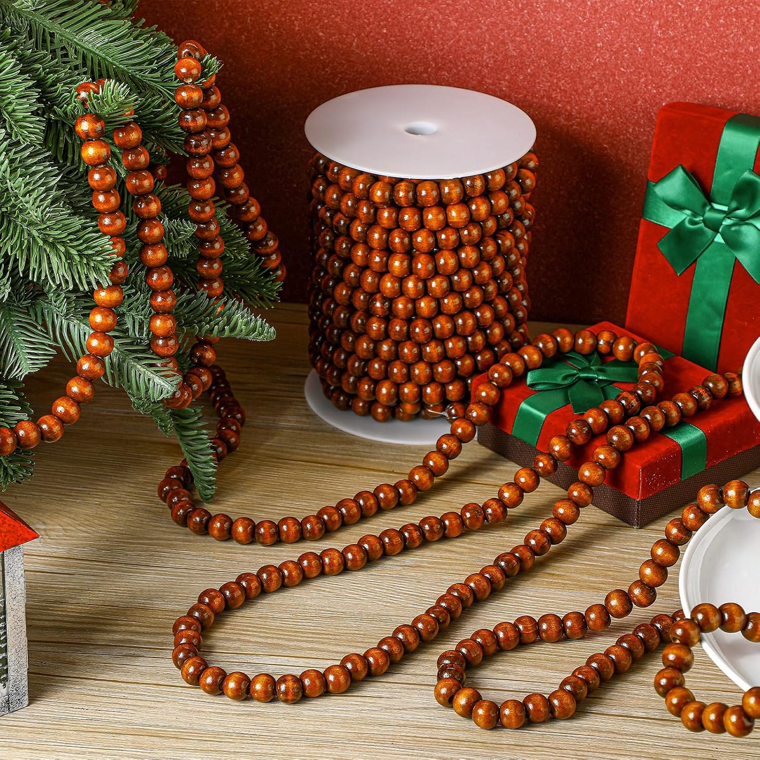 Giegxin 2 Pcs Wood Brown Christmas Bead Garland 66 Feet in Total Farmhouse | Rustic Wooden Beaded Garland for Tree Tier