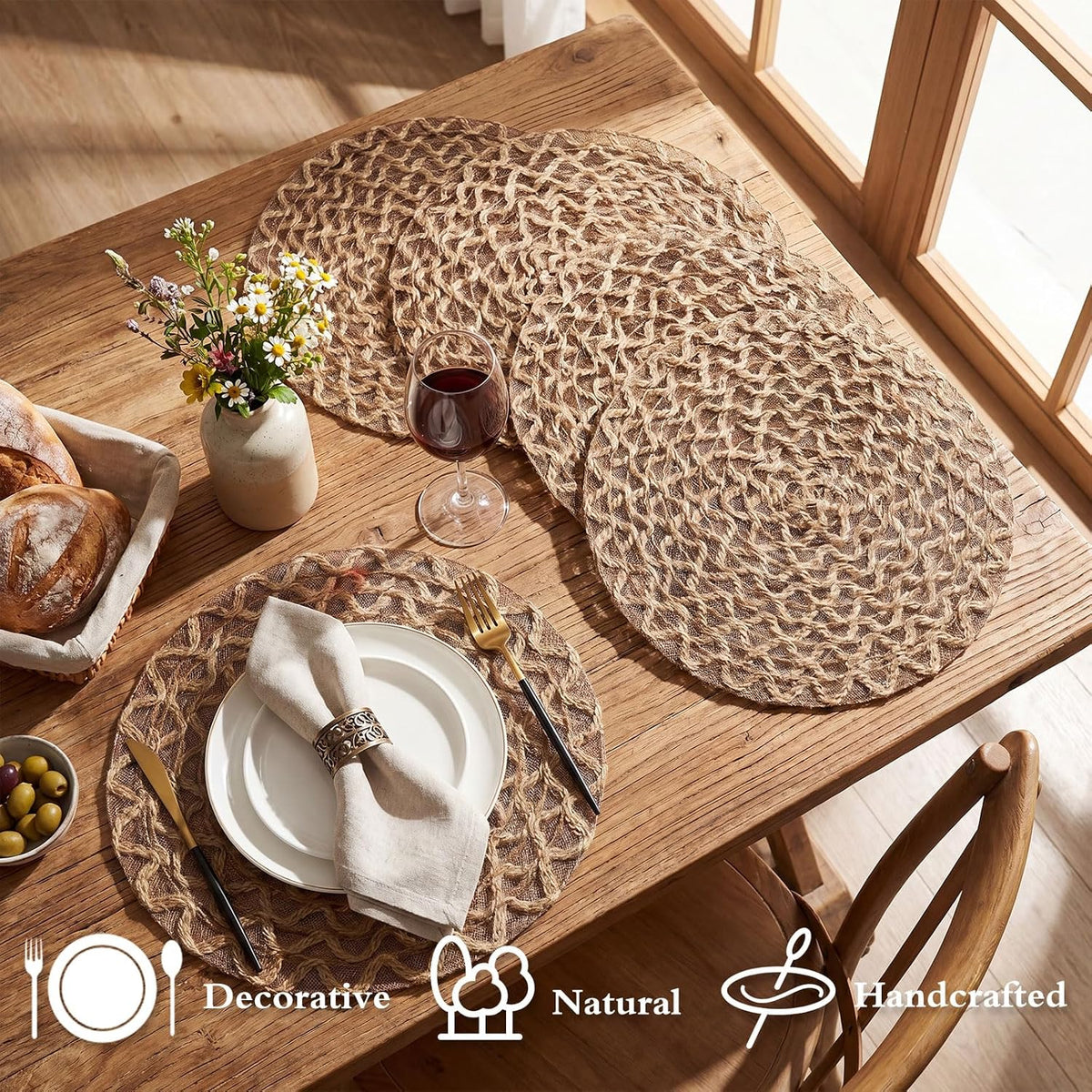 12 Pcs 15 Inch Round Burlap Placemat Boho Jute Woven Charger Bulk Rustic Vintage Natural Brown Heat Resistant Dining