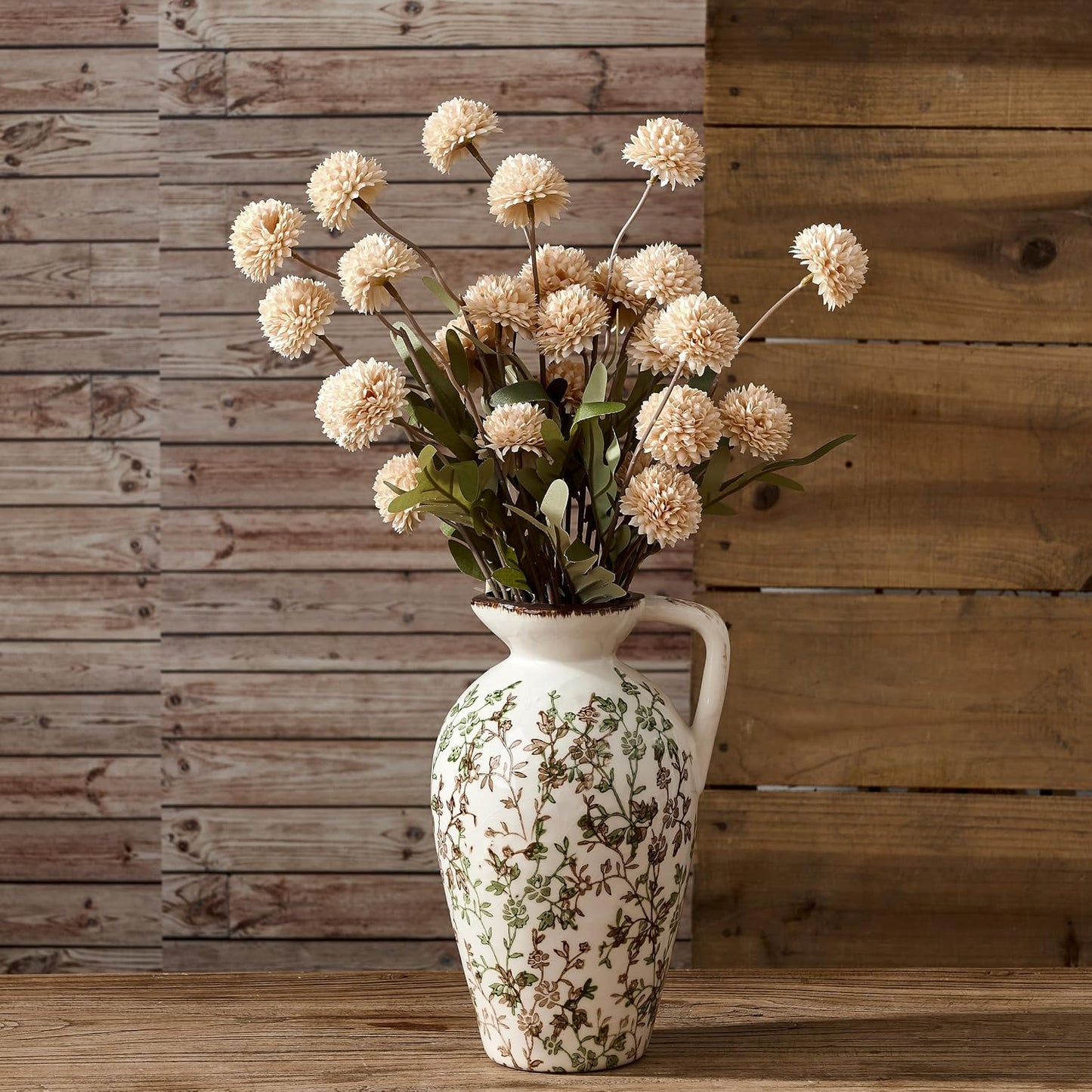 Rustic Ceramic Vase / Green and Beige- 8.9 / 8.9 Inch