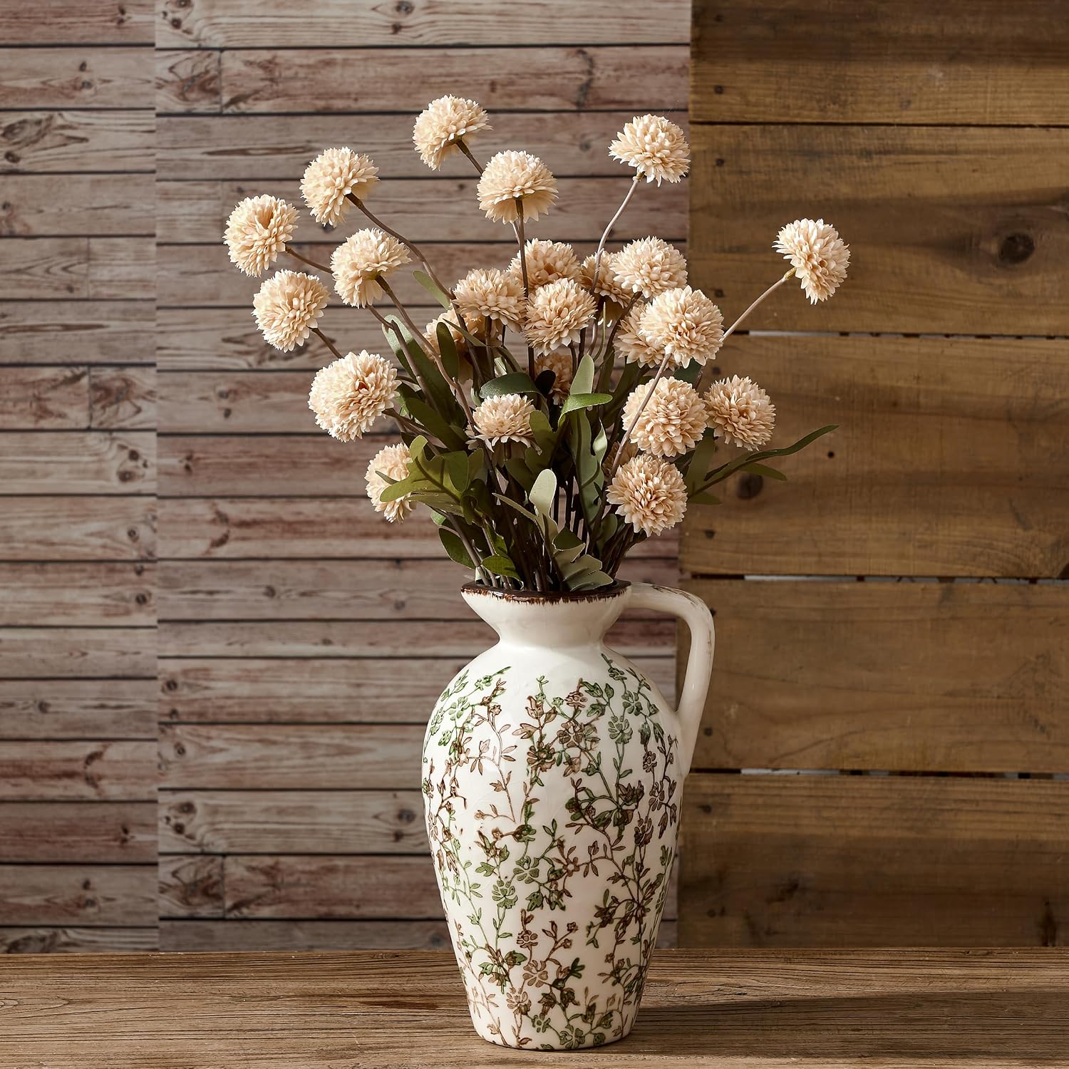 Rustic Ceramic Vase / Green and Beige- 8.9 / 8.9 Inch