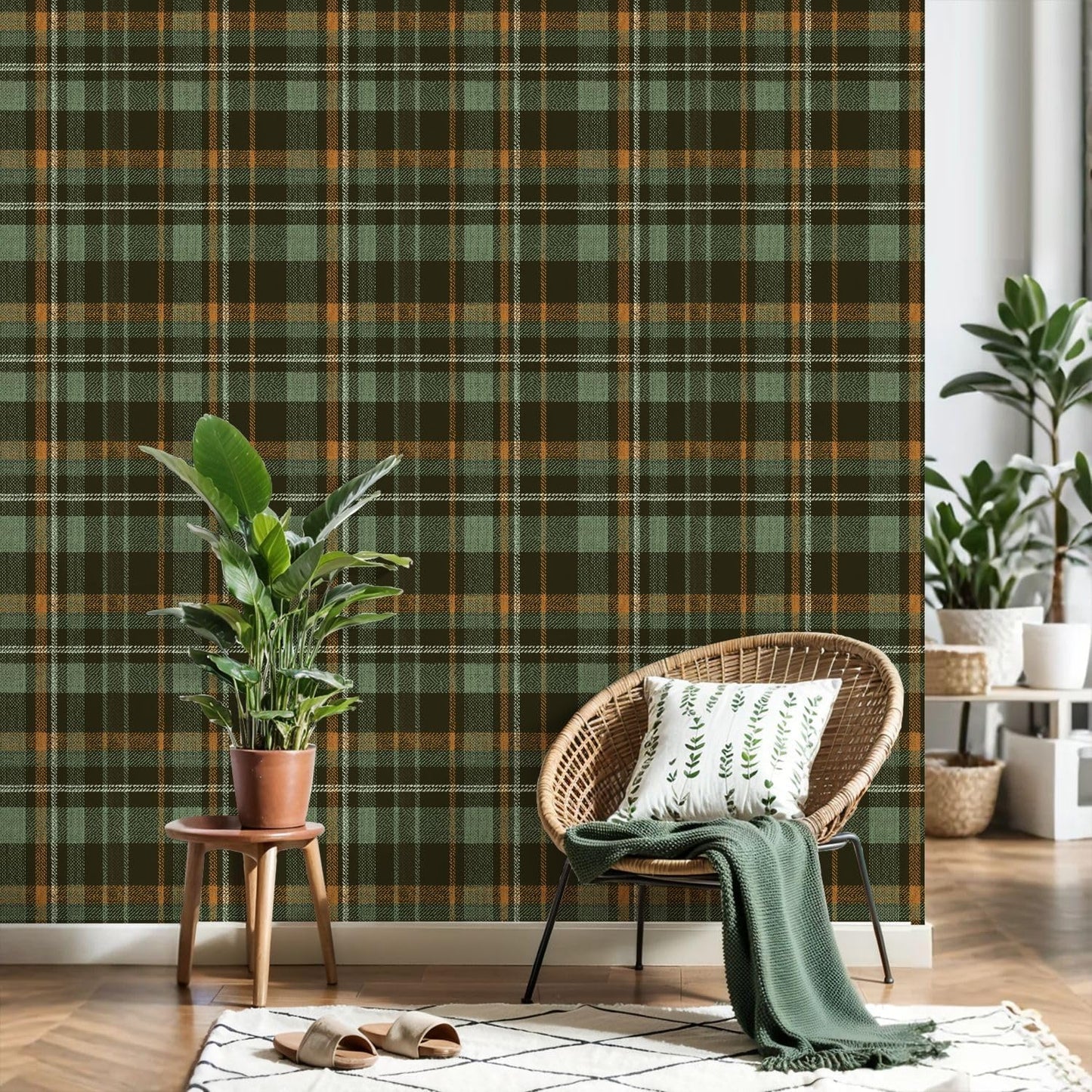 Peel and Stick Wallpaper Plaid green Herringbone textured seamless / Multi8 / 24 x 118 / Brown
