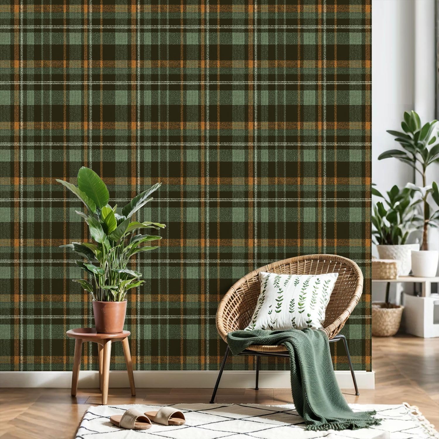 Peel and Stick Wallpaper Plaid green Herringbone textured seamless / Multi8 / 24 x 118 / Brown