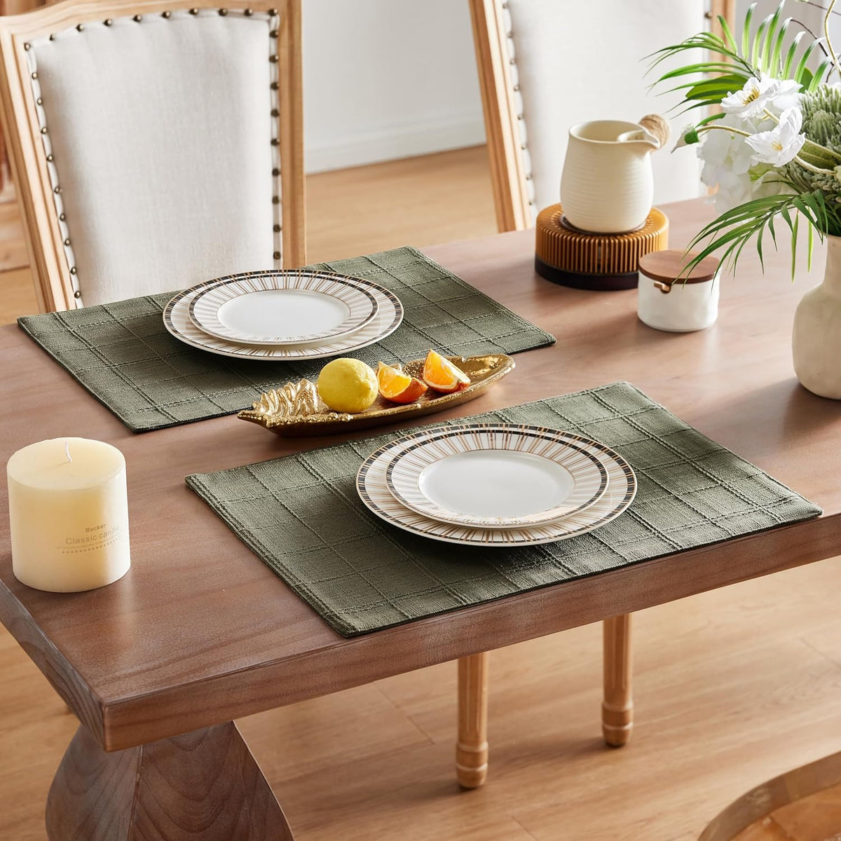 Linen Checked Farmhouse Placemats Set of 6, Olive 13x19in | Double Layer, Reversible, Thick Textured Table Mats, Raised