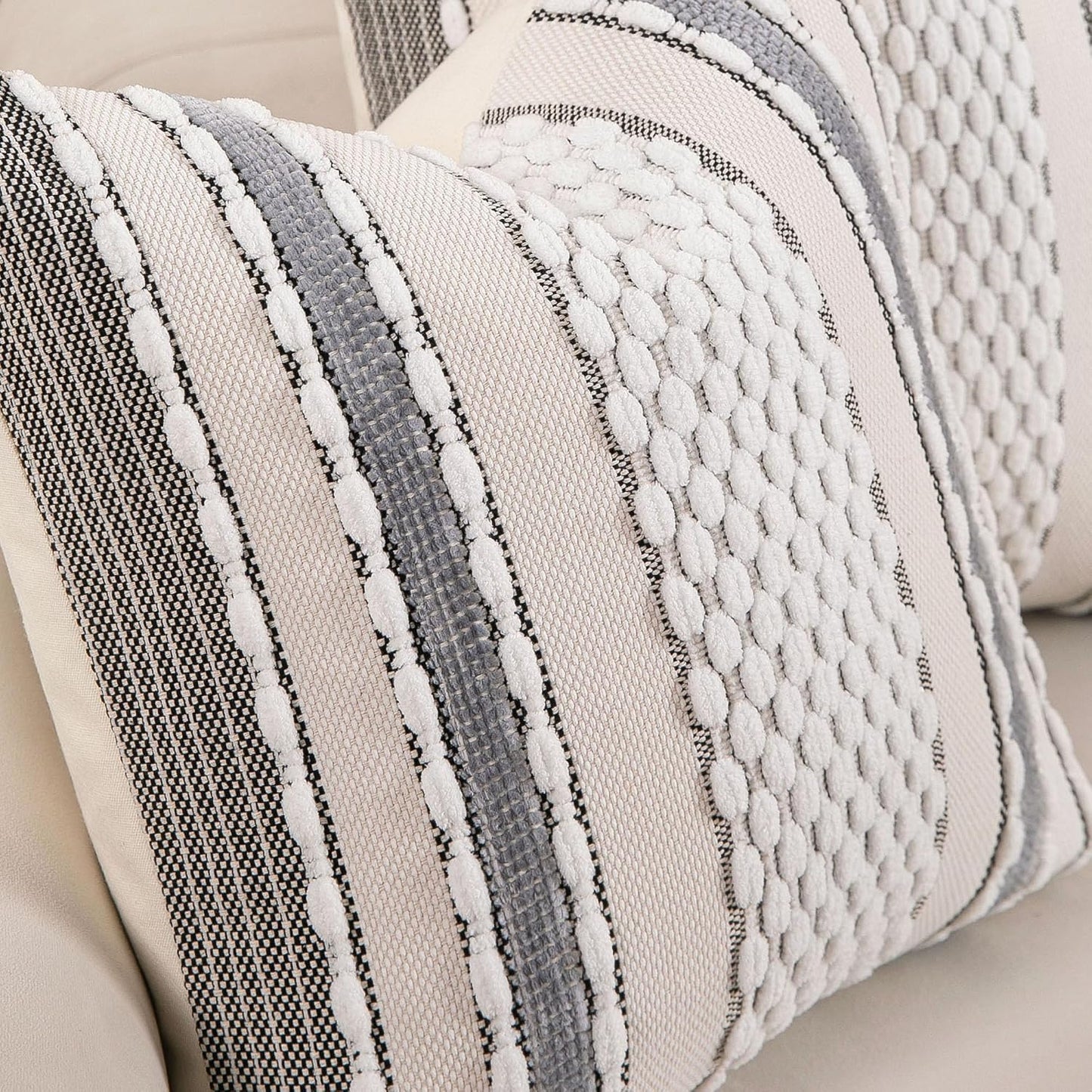 Boho Striped Throw Pillow Covers Farmhouse Square Decorative / Black White / 18 x 18 / Set of 2