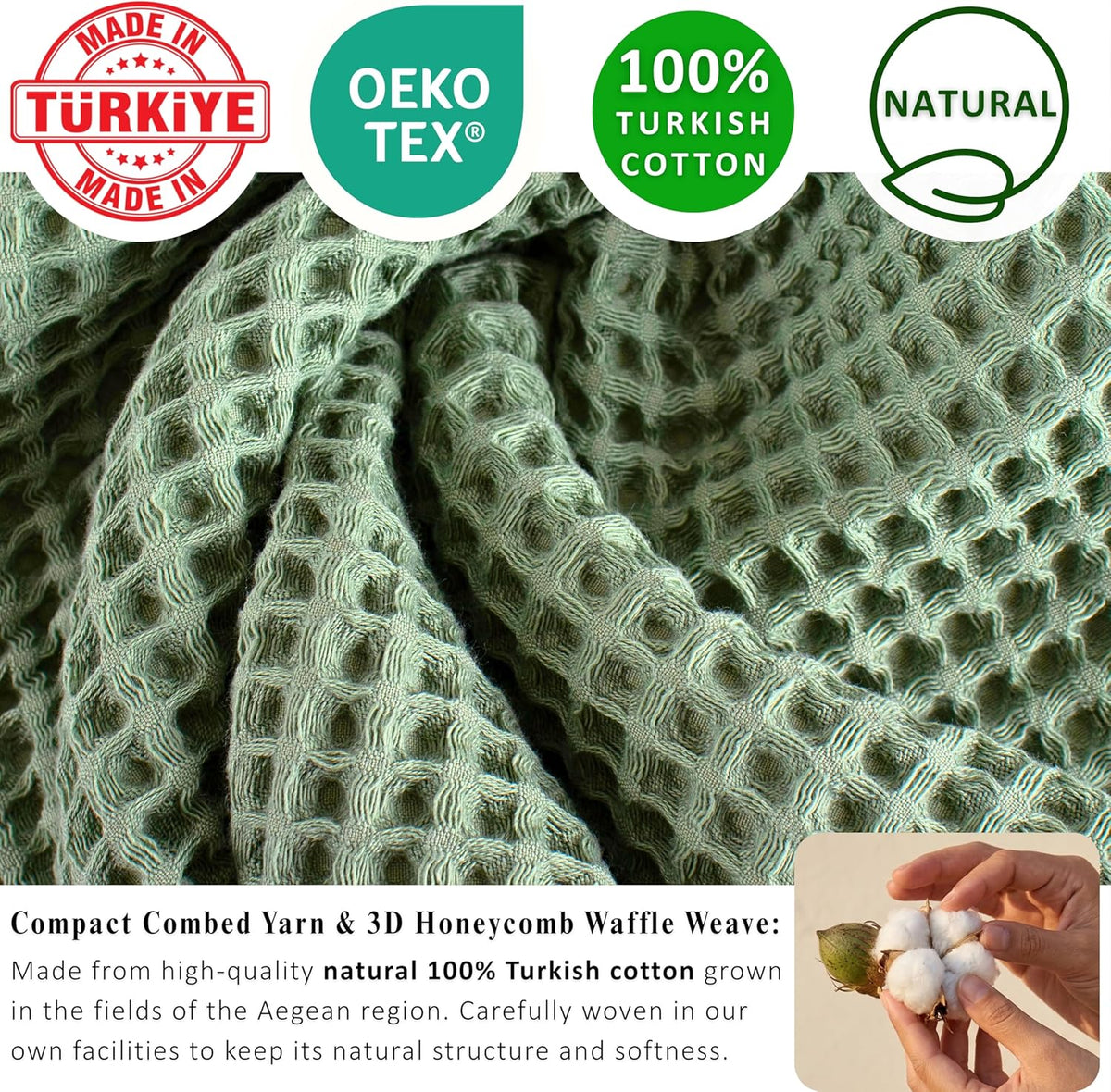 PÜSKÜL Natural 100% Turkish Cotton Waffle Bath Towels Set of 2, Extra-Large | Sage Green, Oversize 32x63" Bath sheet
