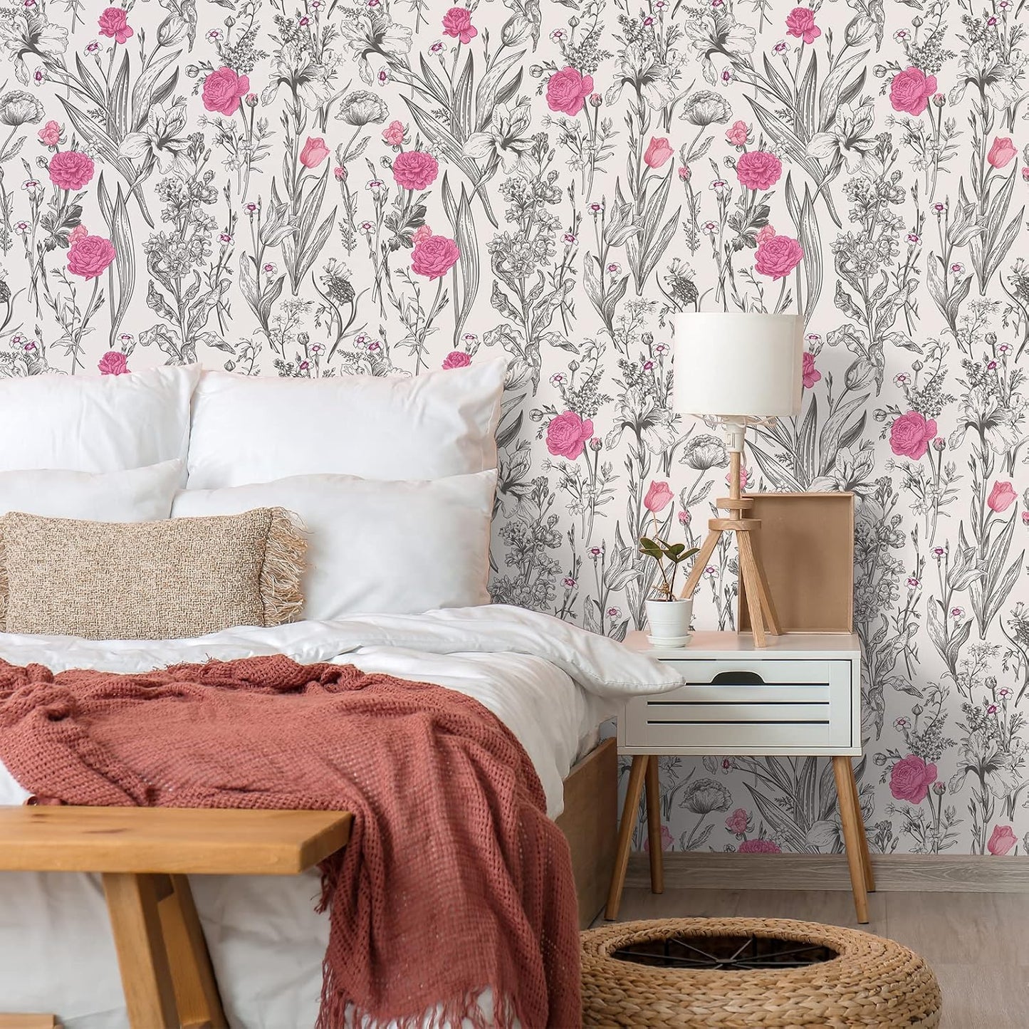 17.7''x354'' Grey Sketch Floral Wallpaper Vintage Pink Flower Peel / 17.7 x 354 / Grey, Pink