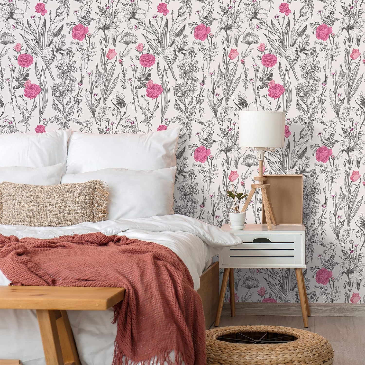17.7''x354'' Grey Sketch Floral Wallpaper Vintage Pink Flower Peel / 17.7 x 354 / Grey, Pink