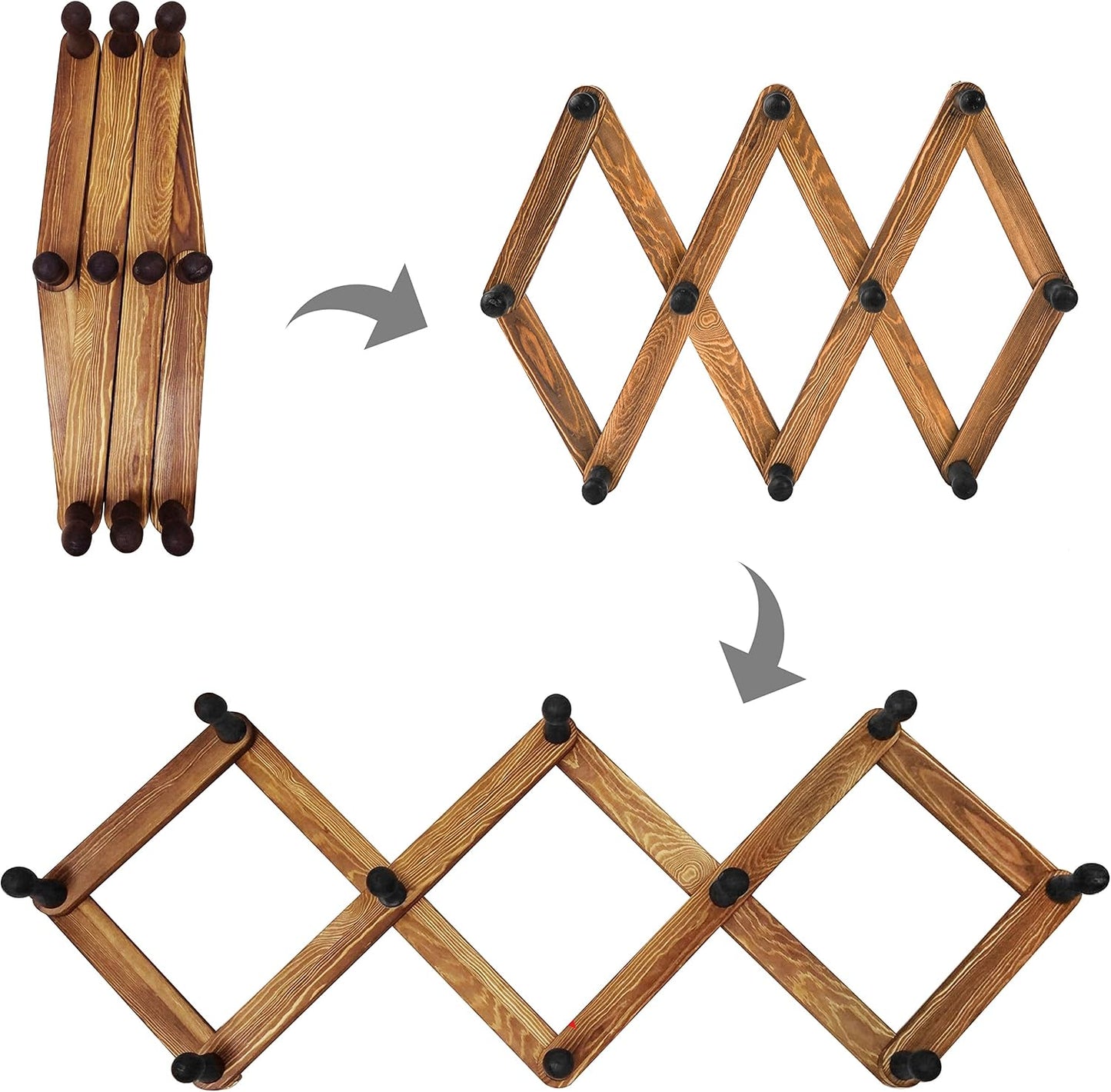 MyGift Expandable Hat Rack with 10 Hooks, Burnt Wood Wall Coat Rack | Expandable accordion design offers 10 pegs for