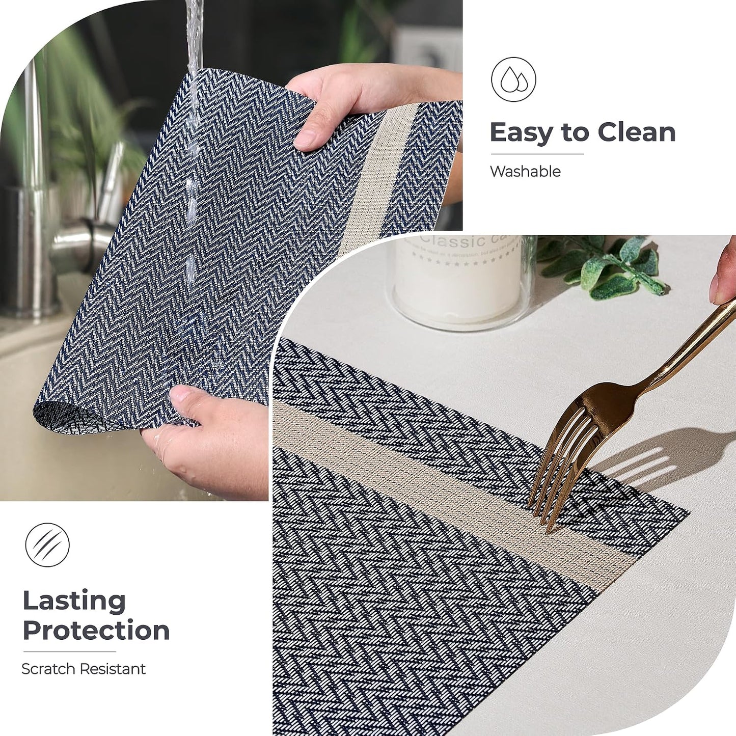 Dark Blue Vinyl Woven Placemats / 01- Blue with Stripes / Set of 8