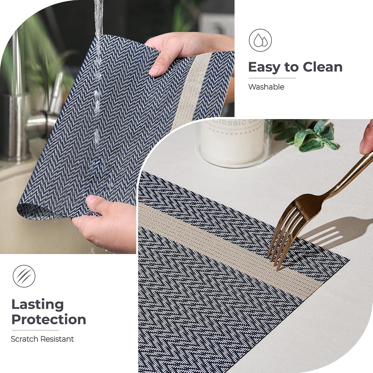 Dark Blue Vinyl Woven Placemats / 01- Blue with Stripes / Set of 8
