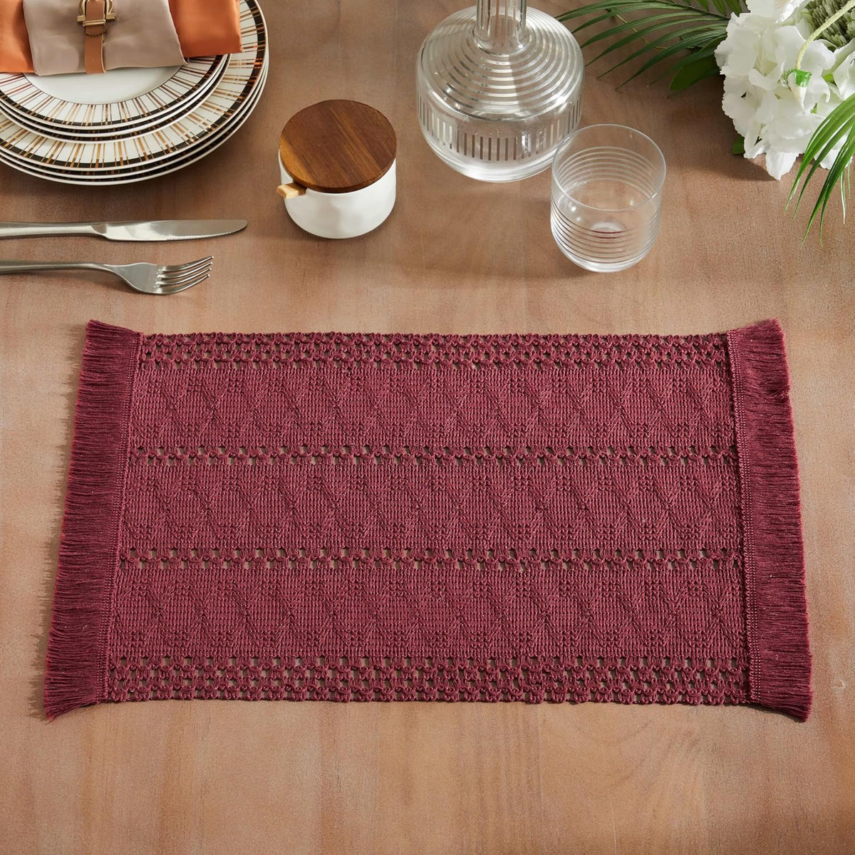 Macrame Style Boho Placemats Set of 6, Burgundy 12x20 Inch | Decorative Farmhouse Table Mats, Natural Cotton Woven