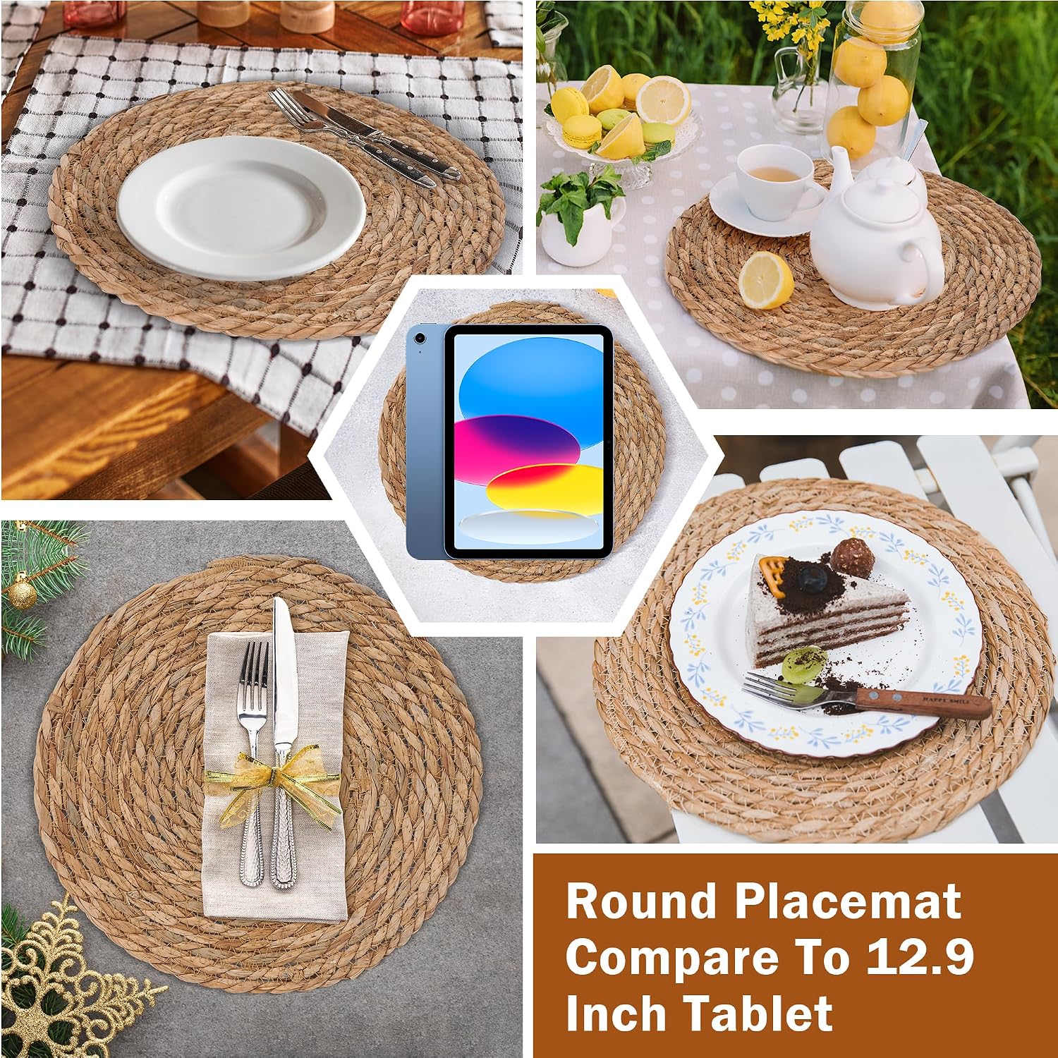 13.5'' Round Woven Placemats Set of 10, Boho Rattan Chargers for Dinner Plates, Round Rattan Placemats,for Dining