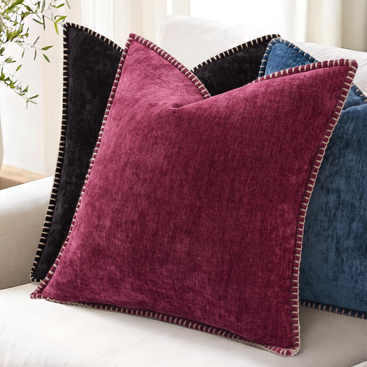 Fall Chenille Soft Throw Pillow Covers / Black / 20 x 20 / Set of 2
