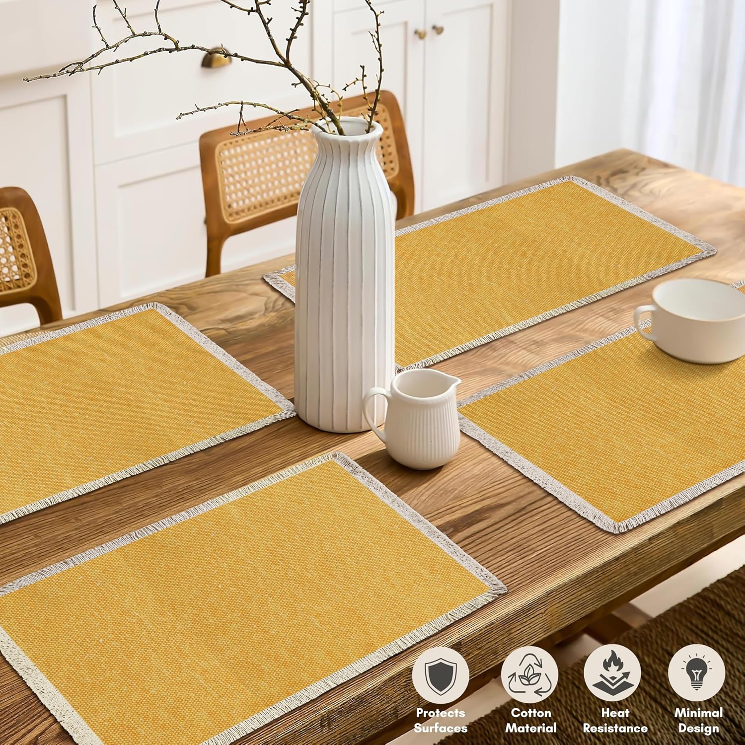 Hausattire Cotton Frayed Placemats Set of 6 Dining Table 13x19 Inch | Rustic Vintage Boho Washable Easter Placemat for
