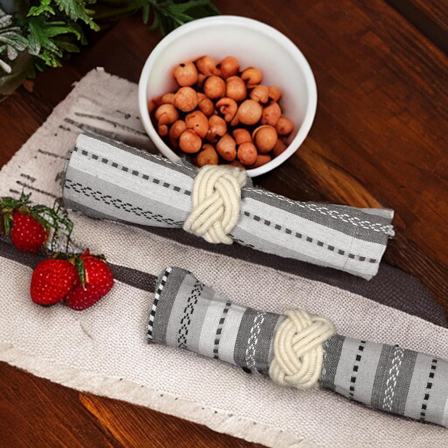 Alpha Living Home Jute Napkin Rings, Woven Boho Set of 12, Off White | Natural jute, 2x2x1.5 in, fits standard cloth &