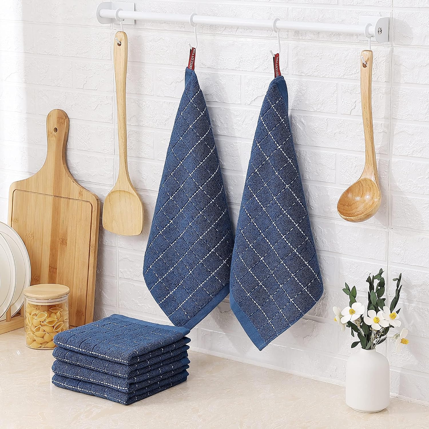 Homaxy 100% Cotton Terry Kitchen Dish Cloths, 12 Pack, Navy Blue | Ultra Soft and Absorbent Dish Towels for Kitchen