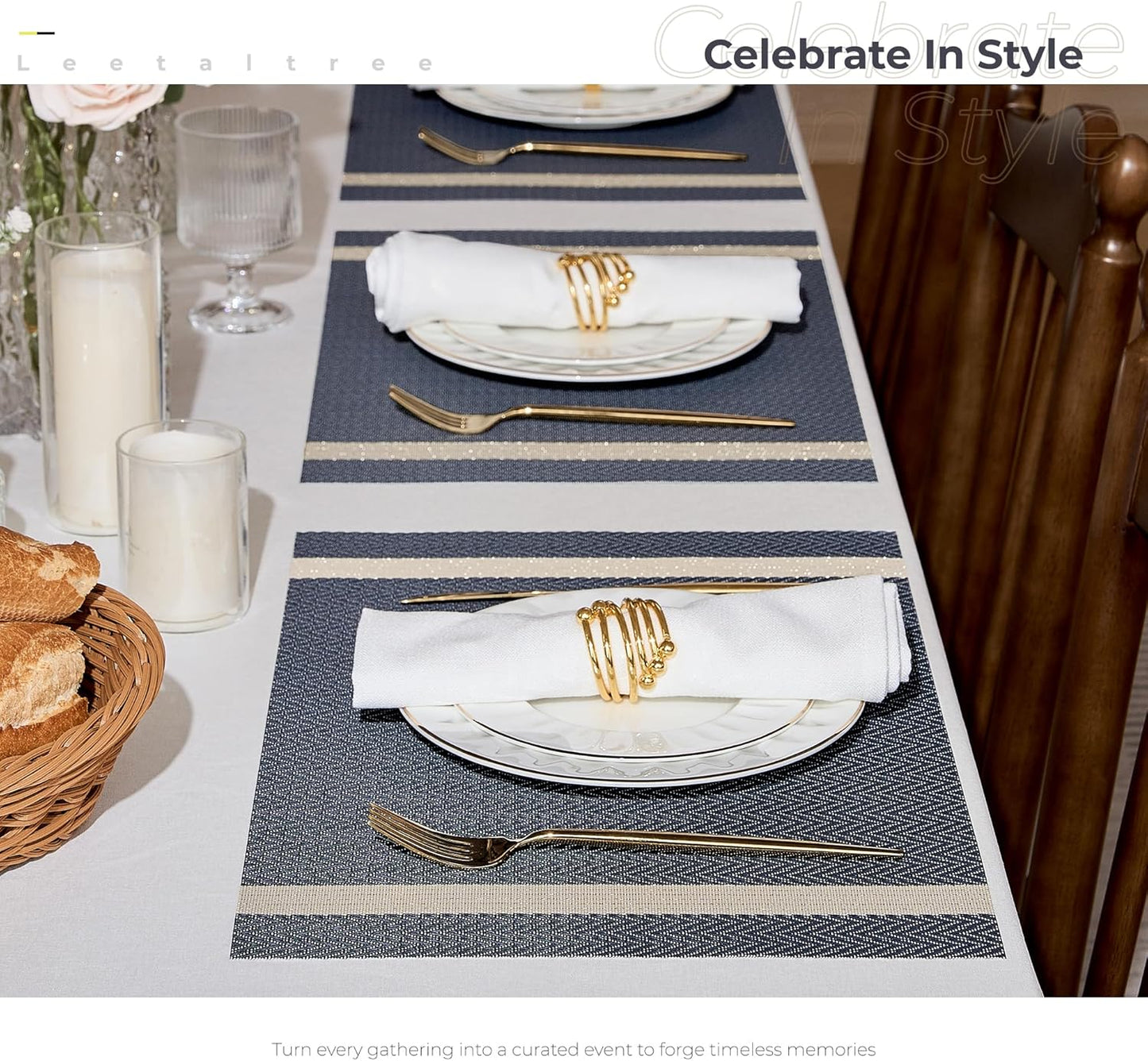 Dark Blue Vinyl Woven Placemats / 01- Blue with Stripes / Set of 8
