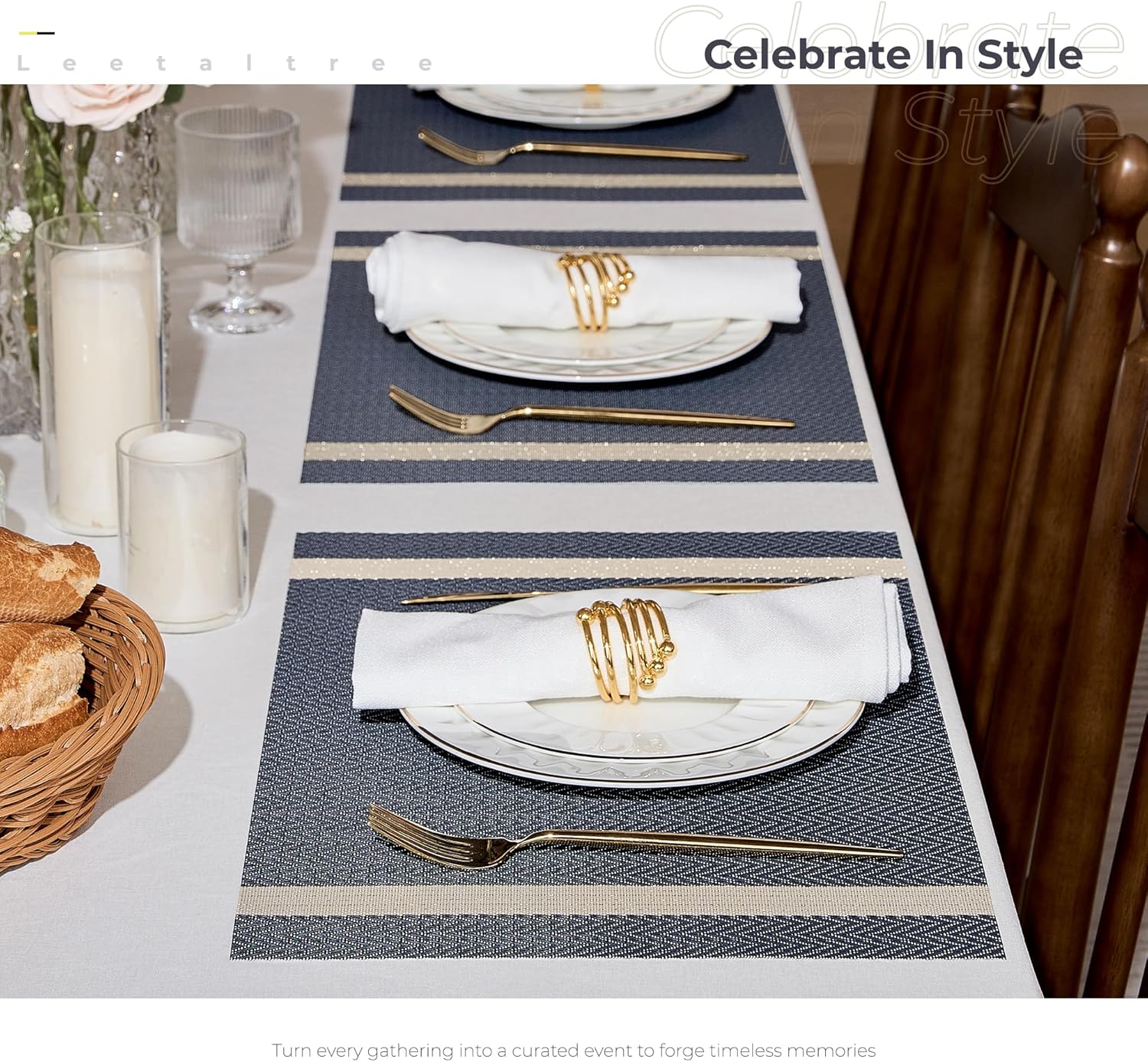 Dark Blue Vinyl Woven Placemats / 01- Blue with Stripes / Set of 8
