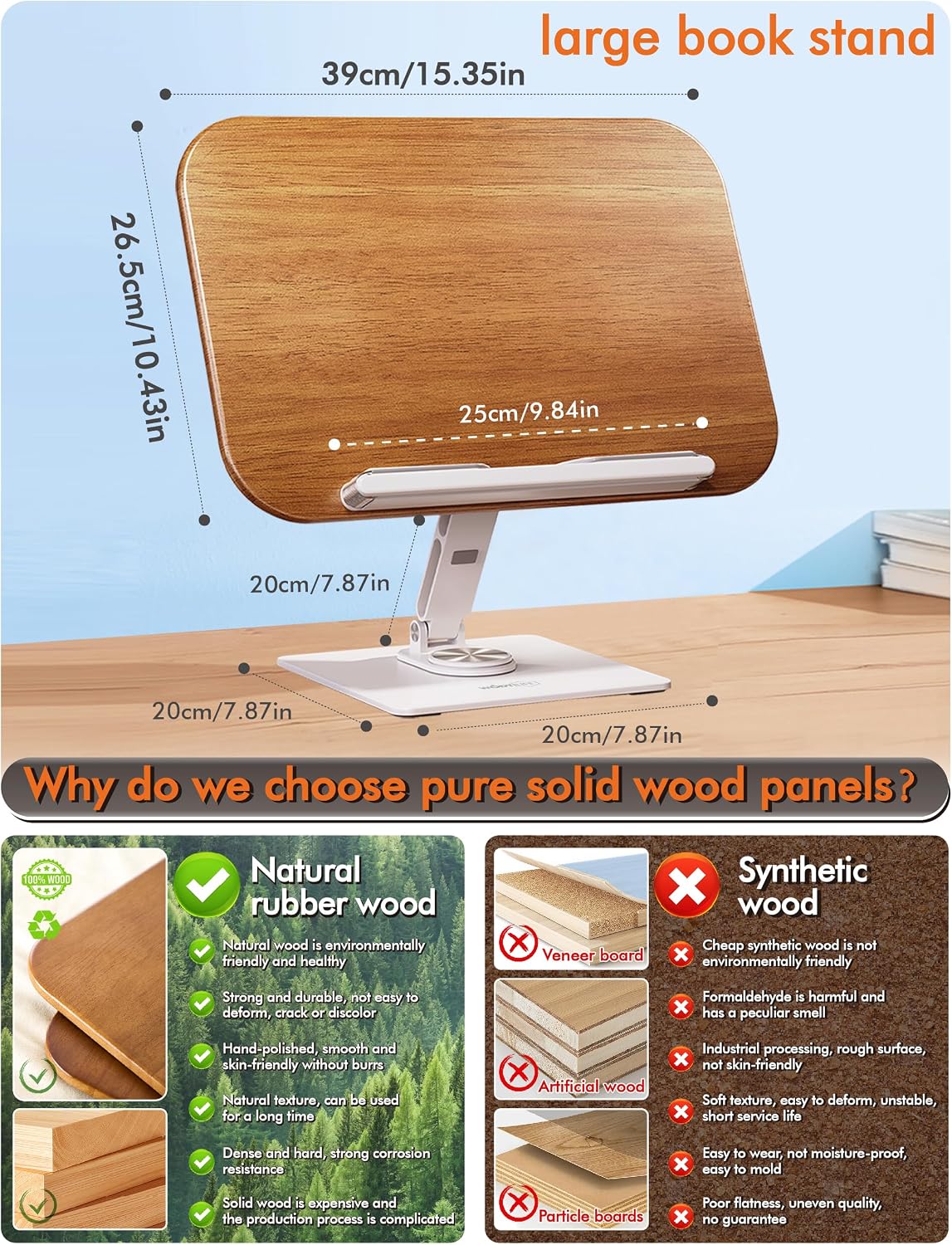 Book Stand for Reading, Adjustable Book Holder for Reading Hands Free, 360° Rotating Reading Stand, Large Rubberwood