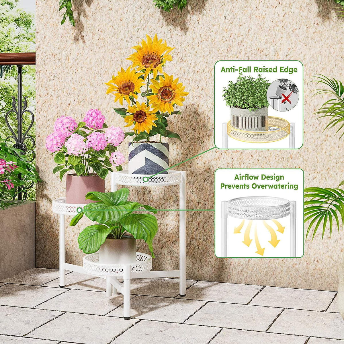 3 Tiered Tall Plant Stand Indoor Outdoor, Metral Plant Shelf for Corner Display Rack, Multi-Tier Folding Planter Pot