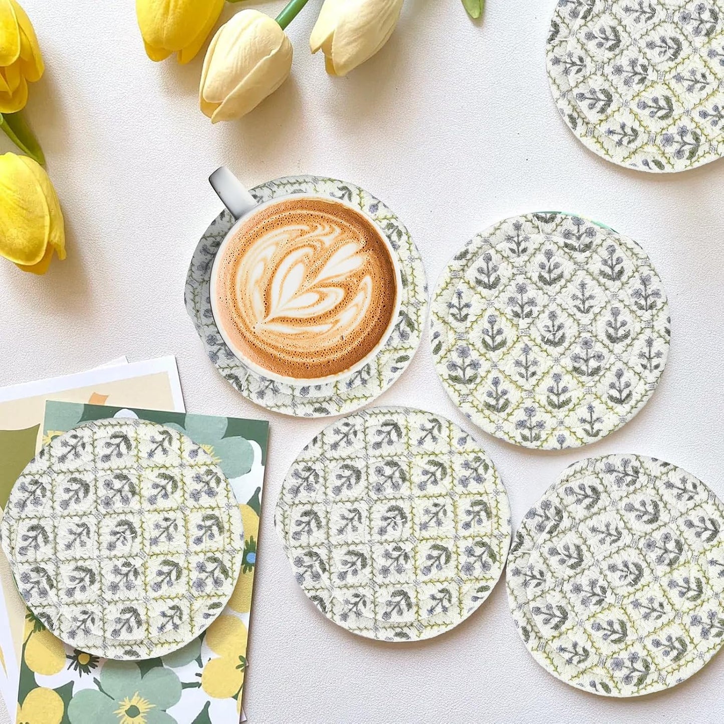Holder / Boho Cotton Coasters / Turquoise / Blue / 4 Inch / Set of 6