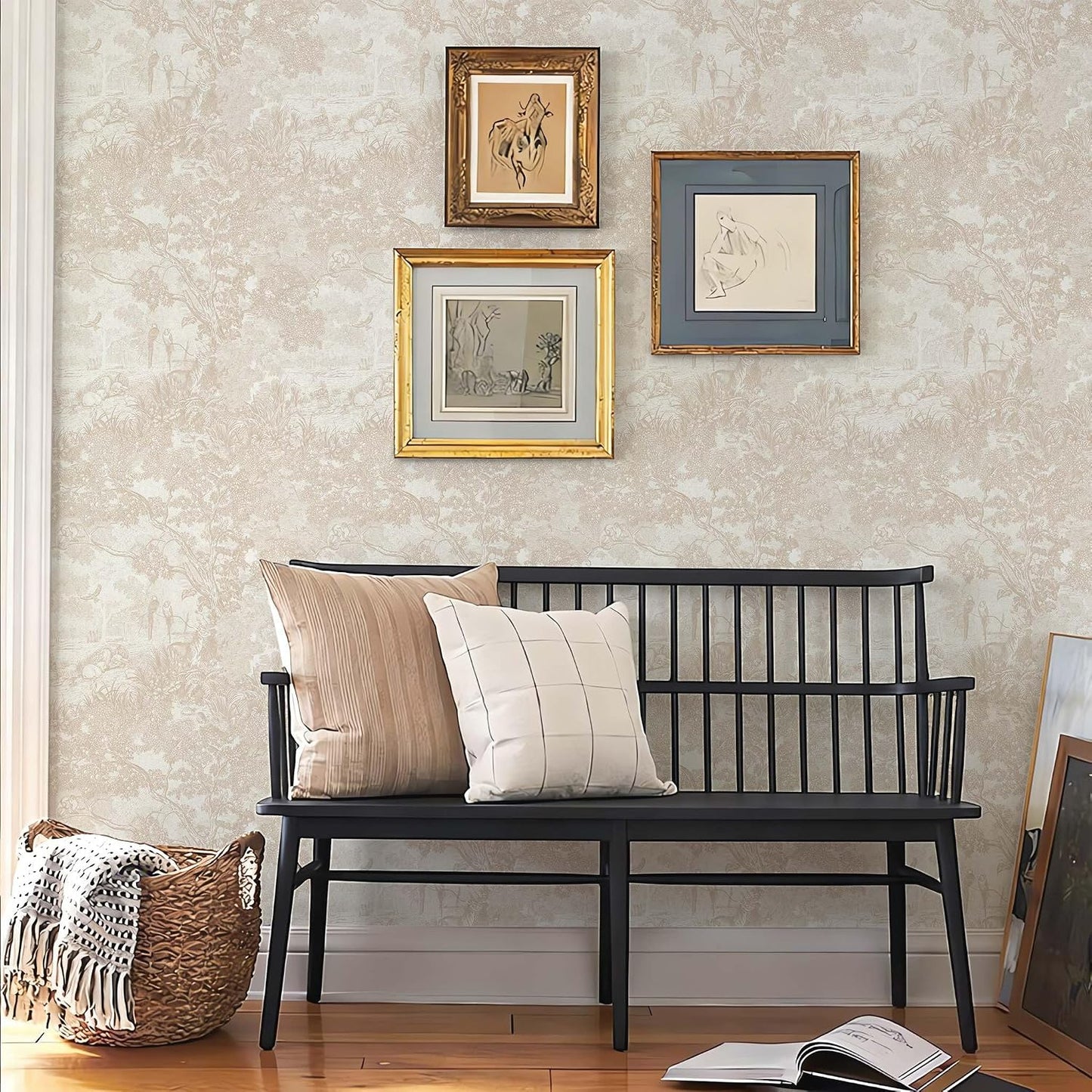 Vintage Wallpaper Peel and Stick Neutral Wallpaper ft Forest Animals Contact / 17.3 x 197 / Beige