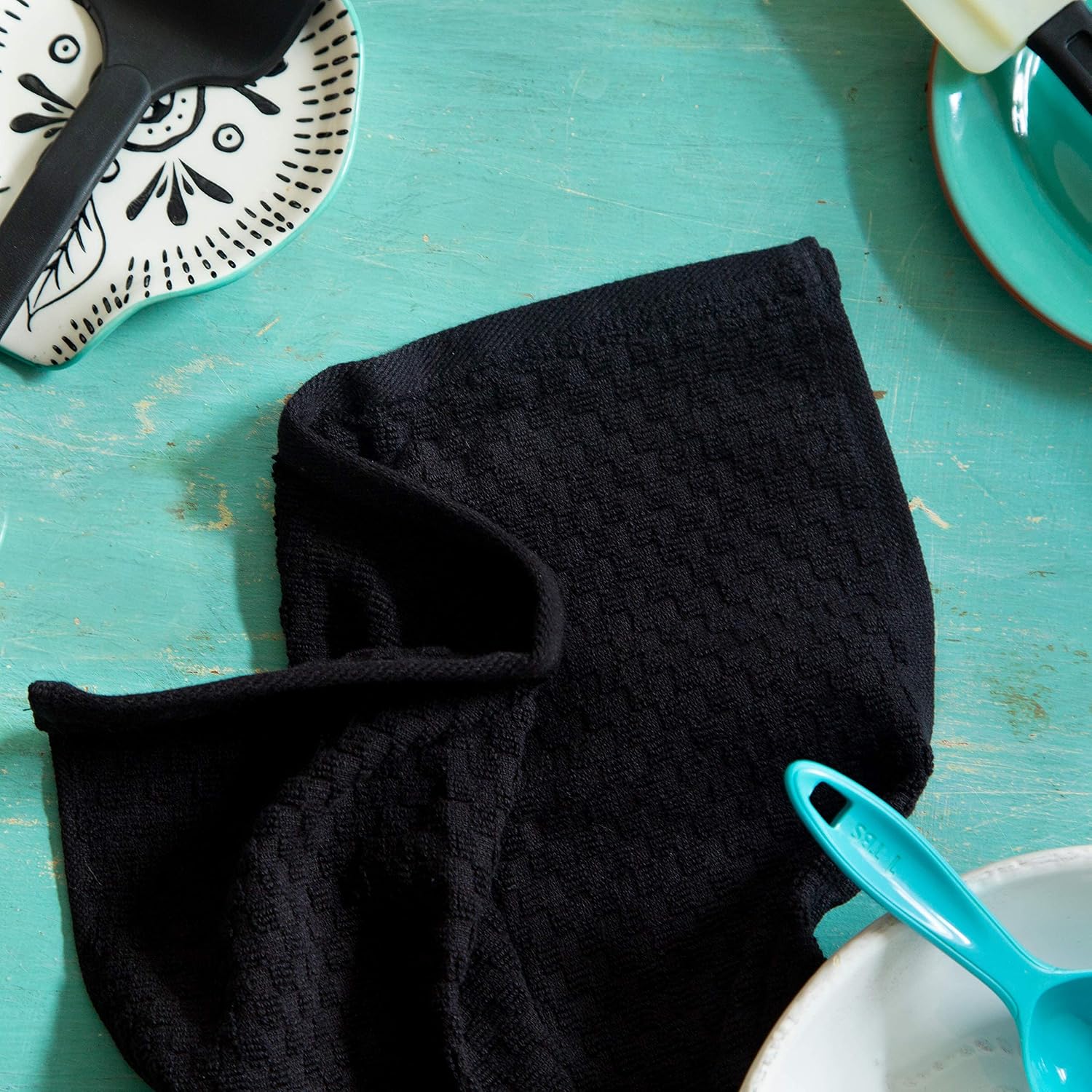 COTTON CRAFT Amazing Kitchen Towel - 12 Pack 100% Cotton Waffle Terry Towel | Black - 16x28 inch Euro Café Waffle Weave
