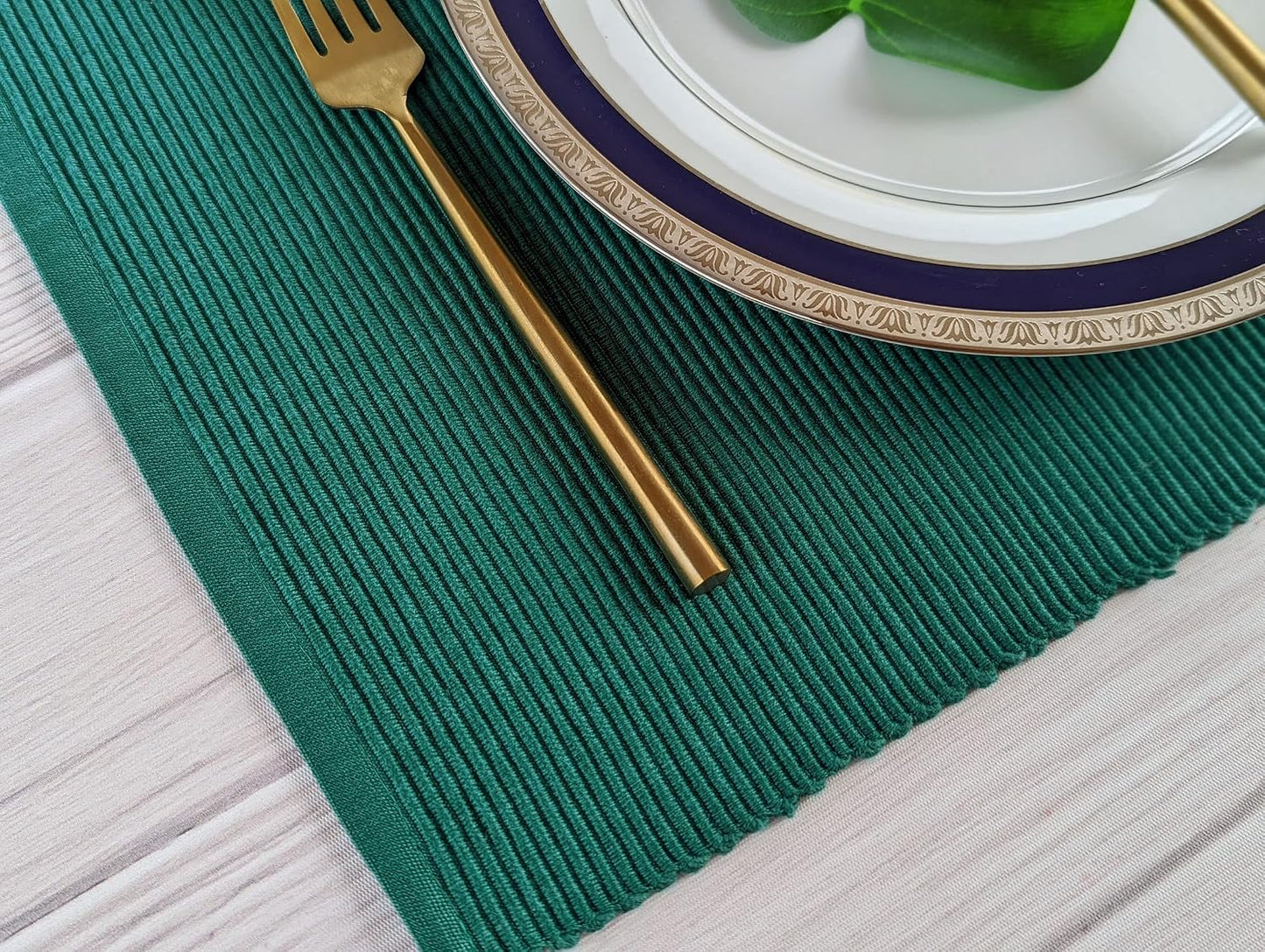 100% Cotton Ribbed Placemats - Set of 4-13 x 19 Inches - Peacock Green - Everyday Cloth Table Mats - Thick