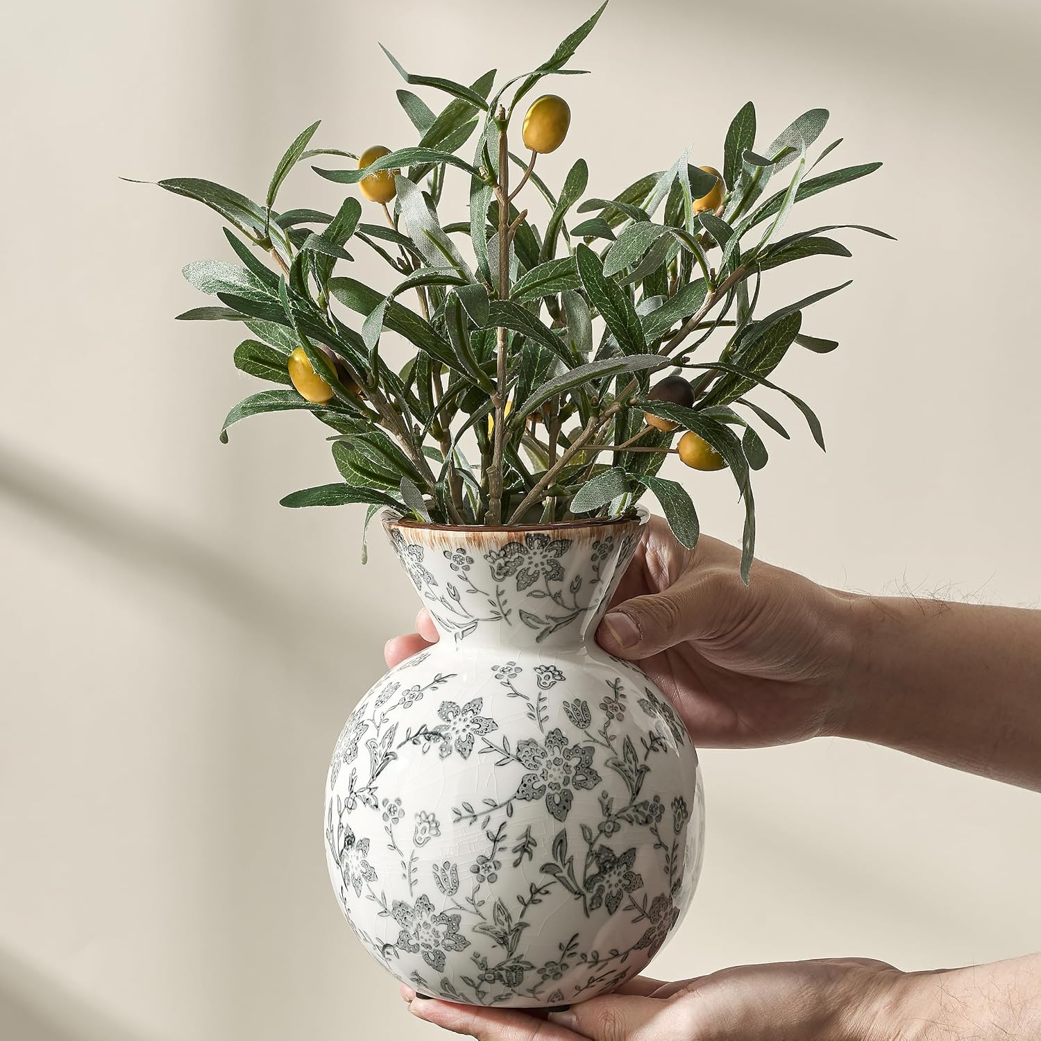 Vintage Rustic Chinoiserie Floral Vase / Gray- 6.61
