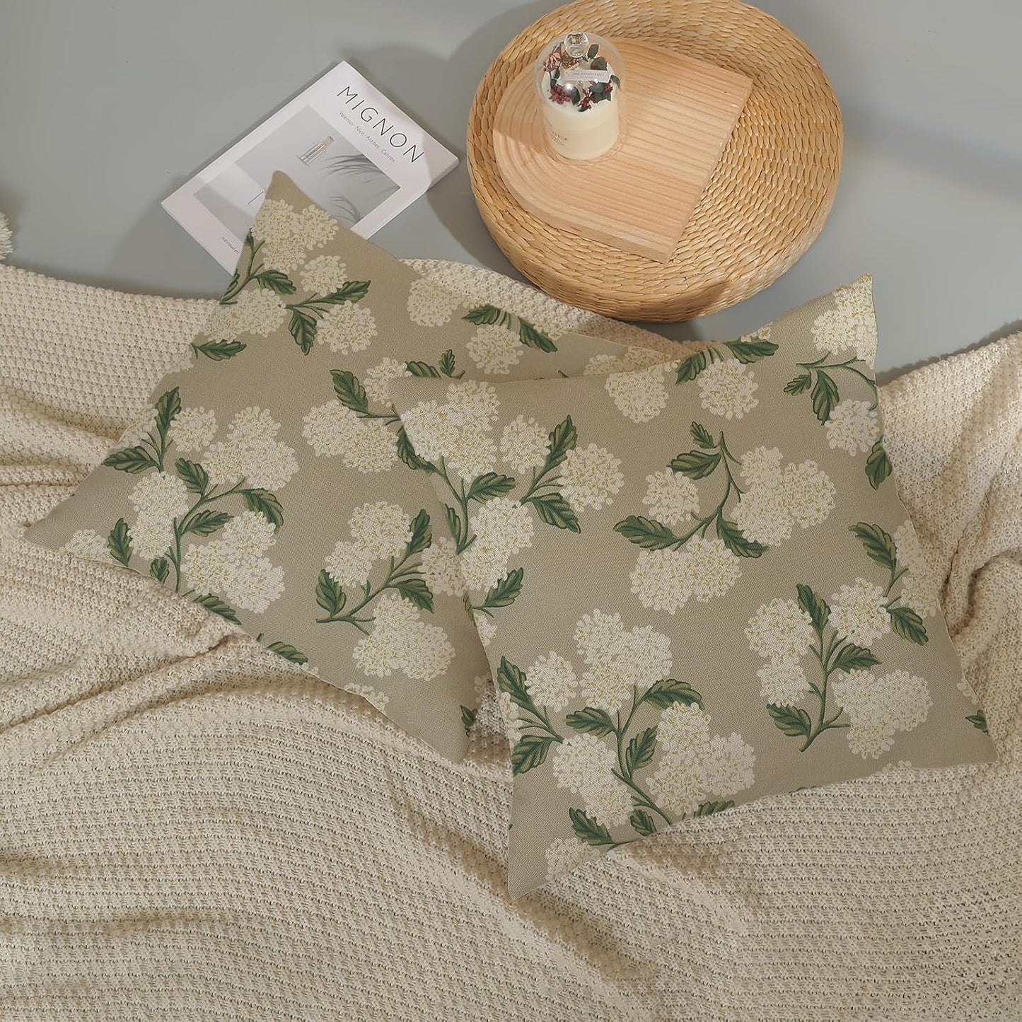 Beige Spring Pillow Covers Khaki Green Hydrangea Flower Decor / 18 x 18 / Beige Hydrangea / Set of 2