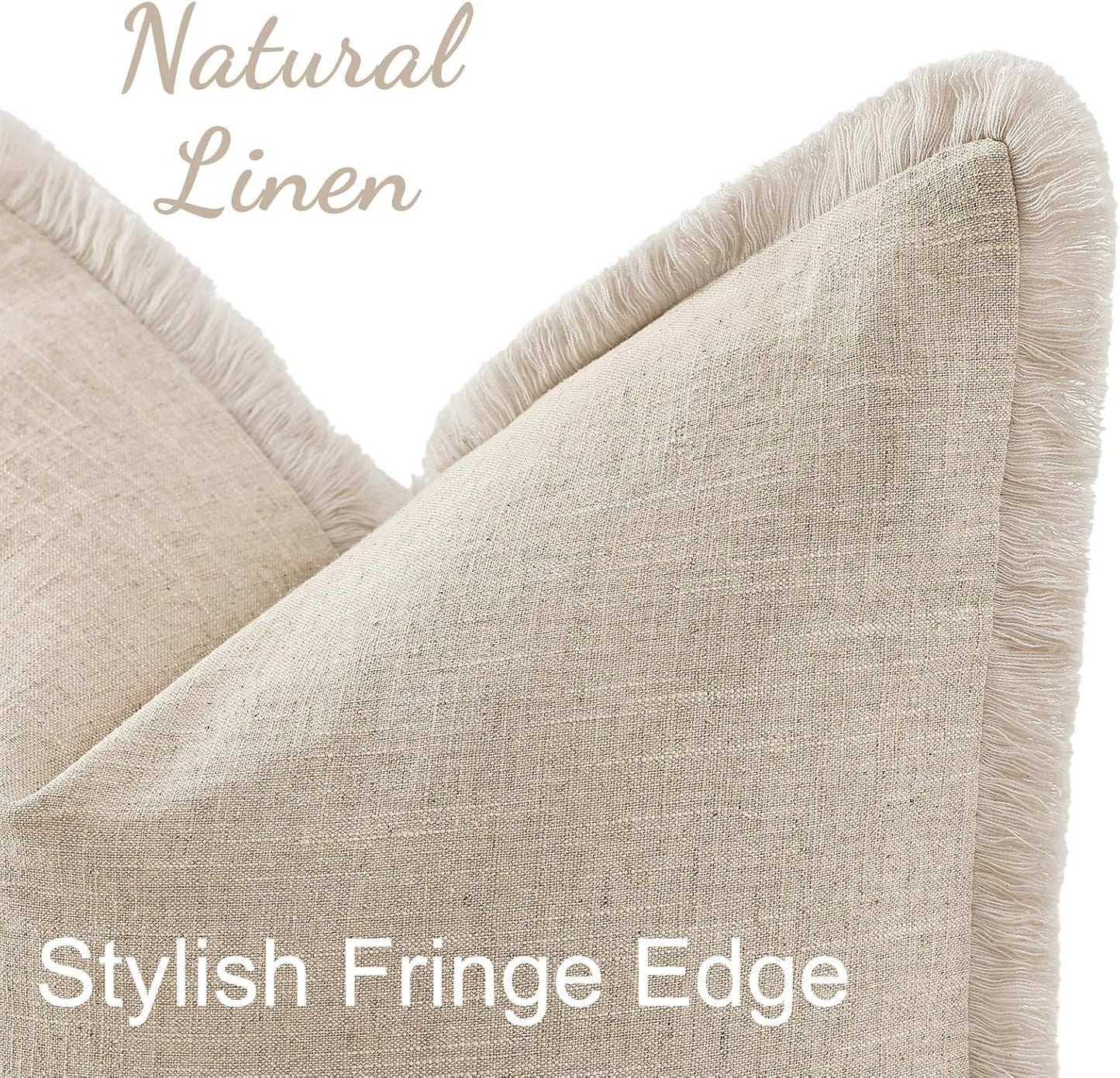 Summer Decorative Neutral Linen Fringe Throw Pillow Covers / Natural Beige / 18 x 18 / Set of 2