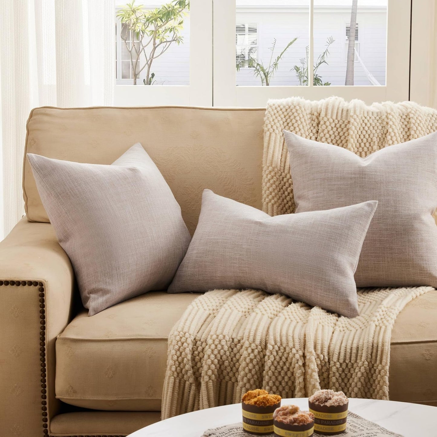 Rustic Cotton Linen Throw Pillow Covers / Taupe / 18 x 18 / Set of 2