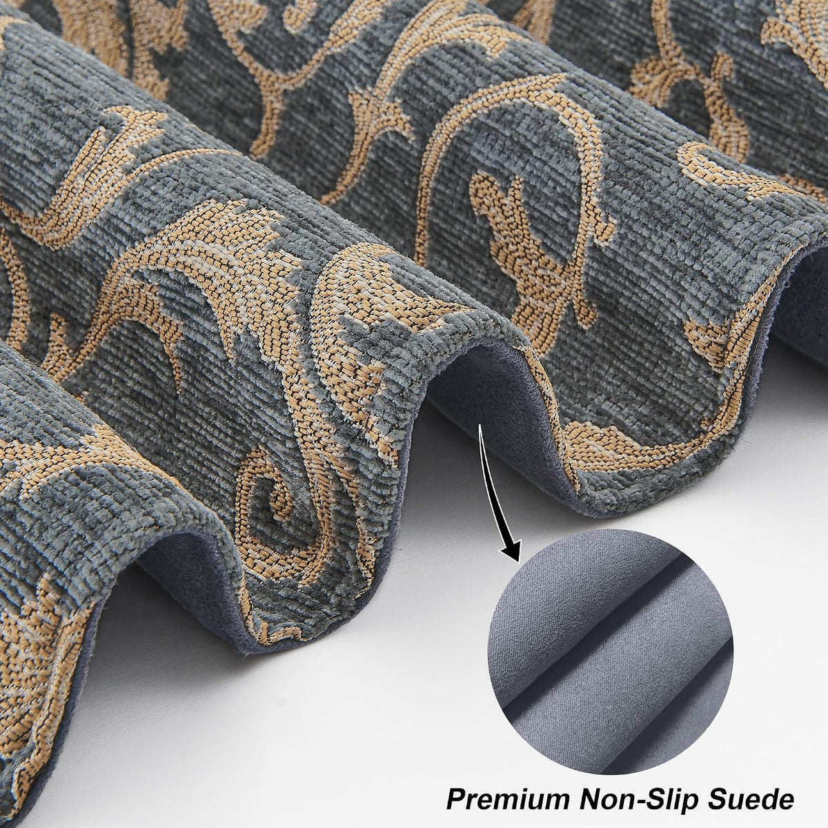 Loom and Mill Chenille Damask Table Runner 108 inches Long, Blue-Grey+Khaki | Classic Elegant Acanthus Jacquard Table