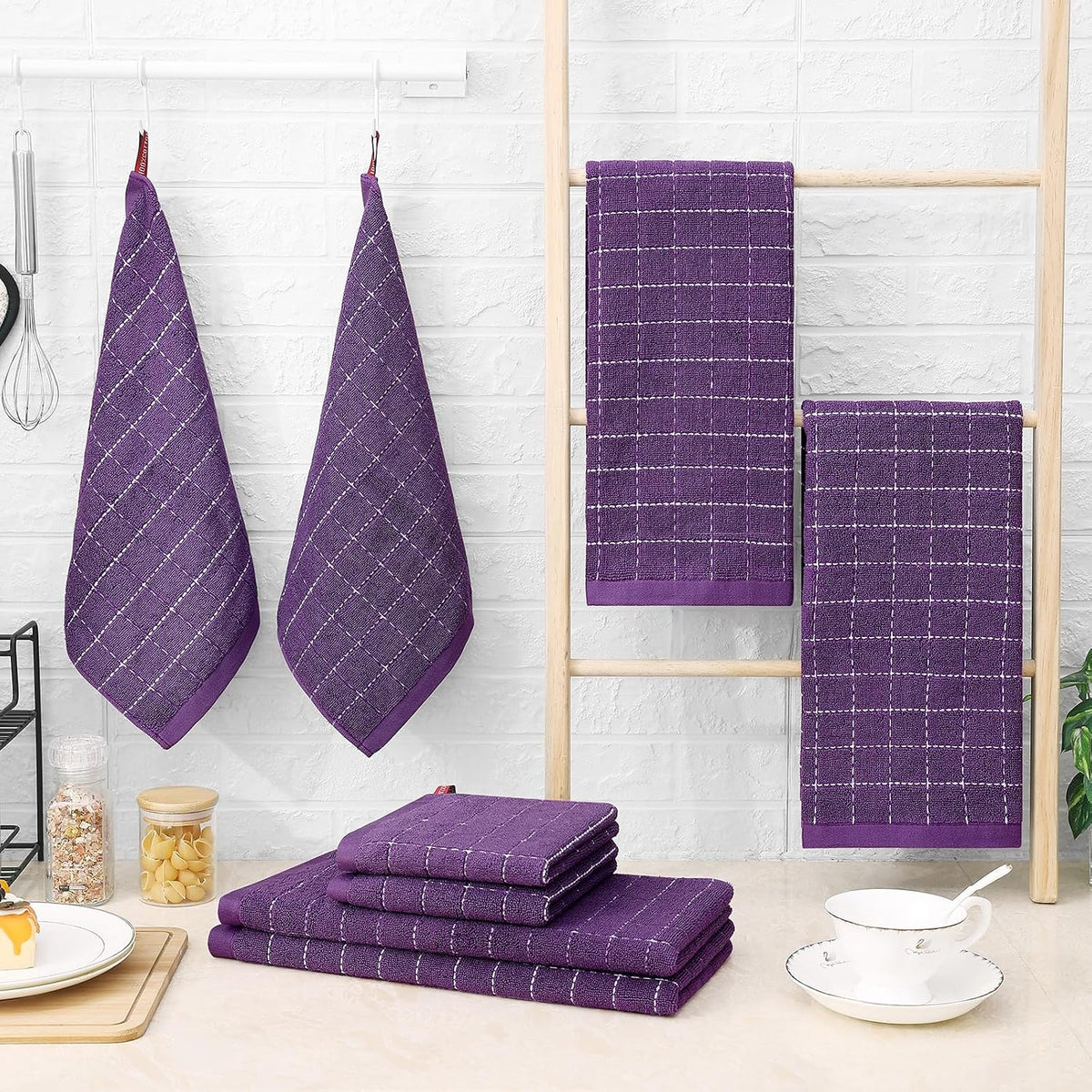 Homaxy Kitchen Towels and Dishcloths Set, Set of 16, Purple | Bulk Cotton Terry Kitchen Towels, Checkered Designed
