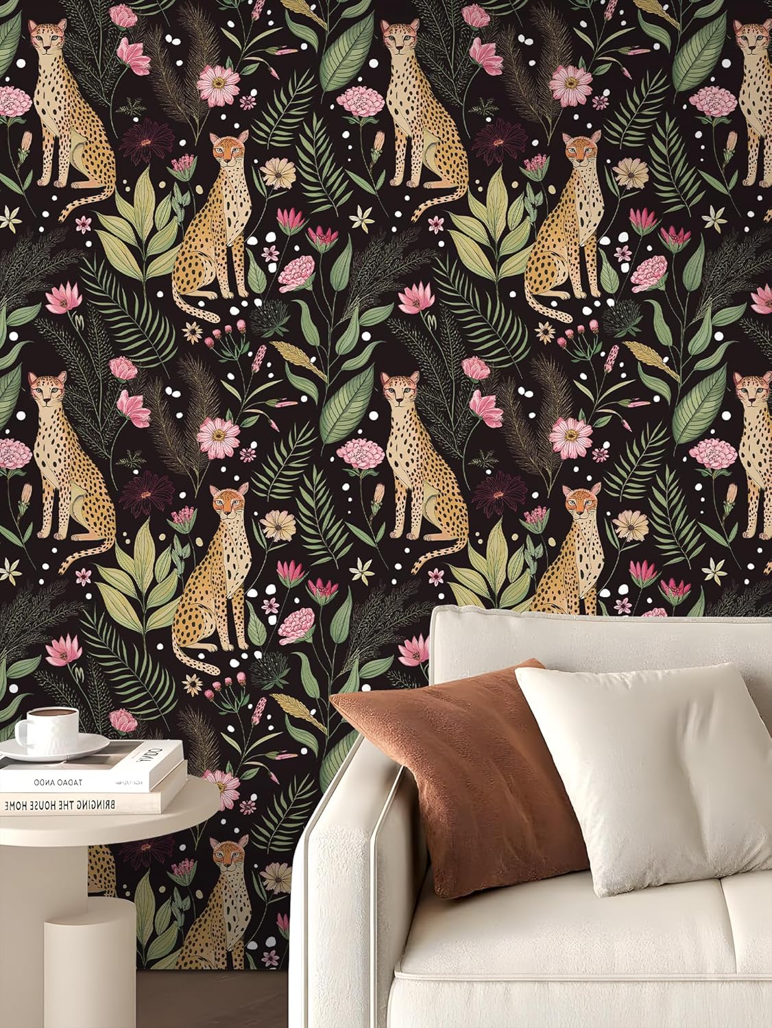 Peel and Stick Wallpaper Jungle Leopard Wallpaper Removable Floral Wallpapers / Black / 17.5 x 118