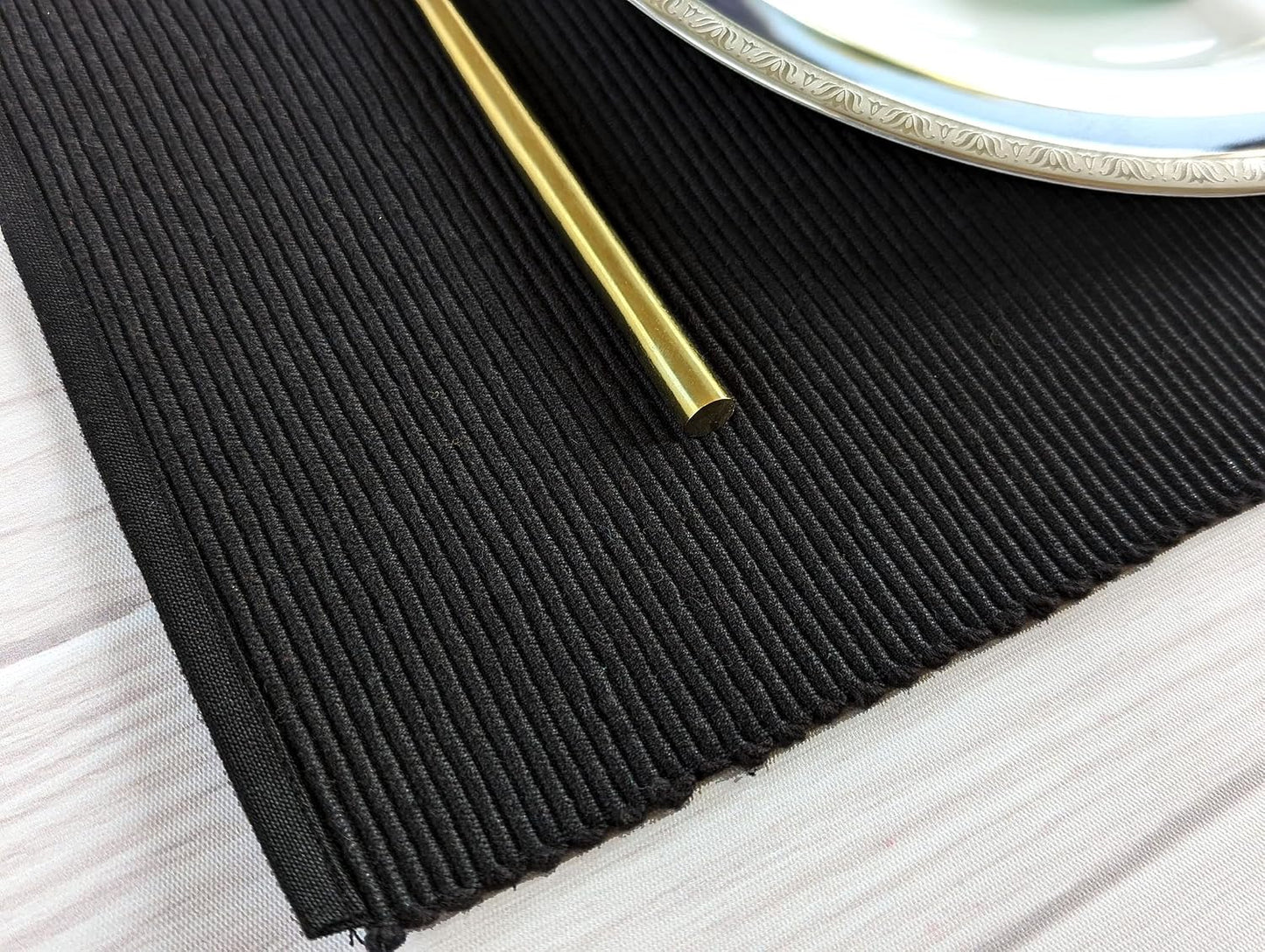 100% Cotton Ribbed Placemats - Set of 8-13 x 19 Inches - Black - Everyday Cloth Table Mats - Thick Construction