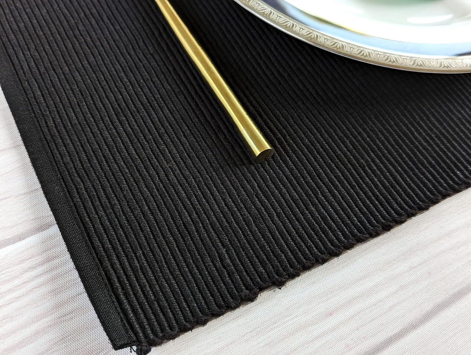100% Cotton Ribbed Placemats - Set of 8-13 x 19 Inches - Black - Everyday Cloth Table Mats - Thick Construction