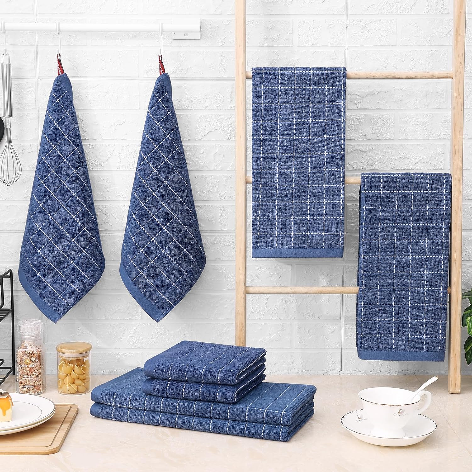 Homaxy Kitchen Towels and Dishcloths Set, Set of 12, Navy Blue | Bulk Cotton Terry Kitchen Towels, Checkered Designed
