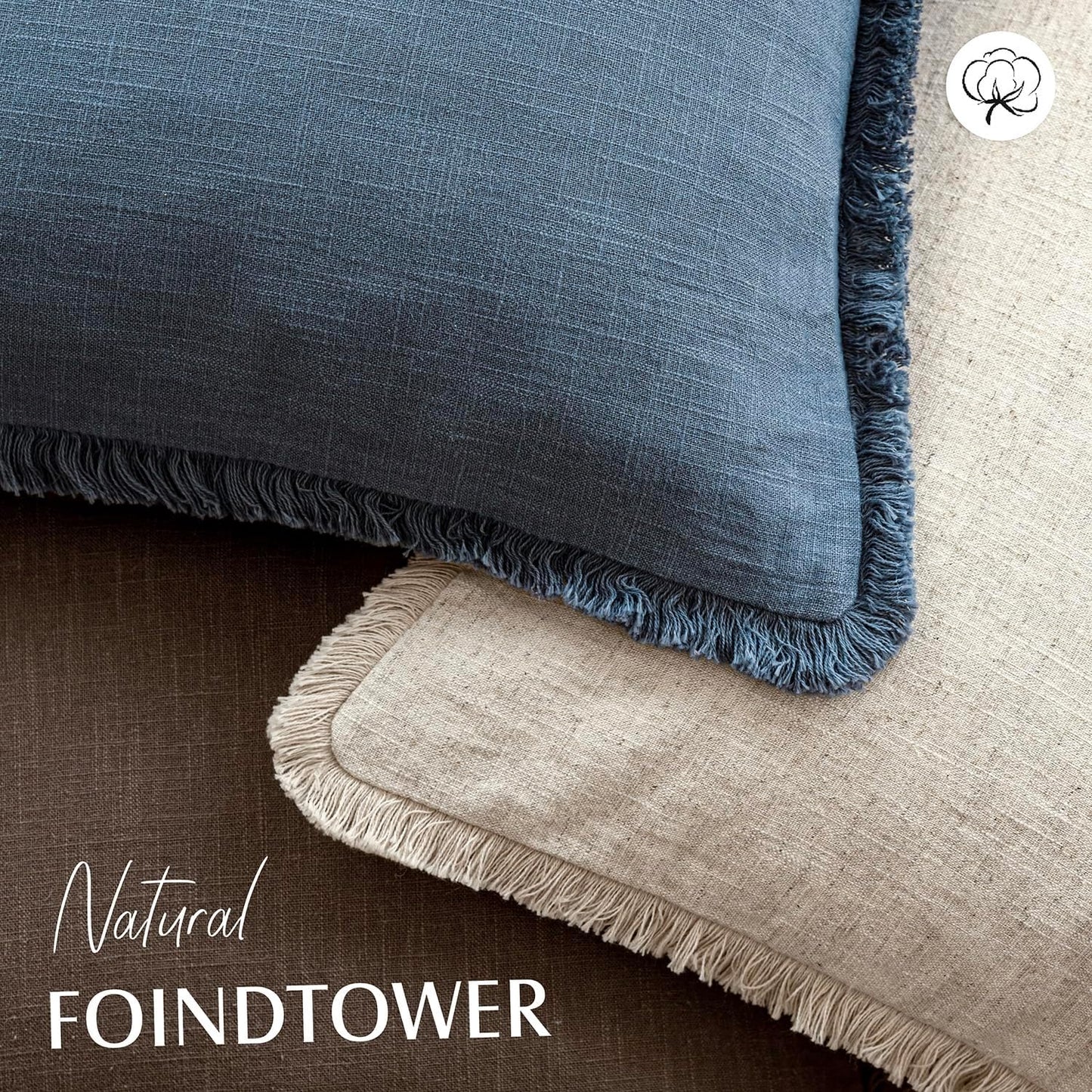 Decorative Linen Fringe Throw Pillow Covers Farmhouse Cushion / 18 x 18 / Blue Ashes / Set of 2