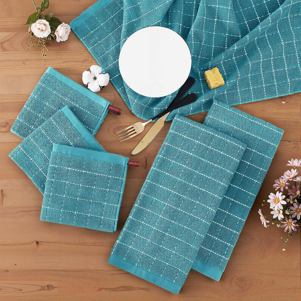 Homaxy Kitchen Towels and Dishcloths Set, Set of 16, Lake Blue | Bulk Cotton Terry Kitchen Towels, Checkered Designed