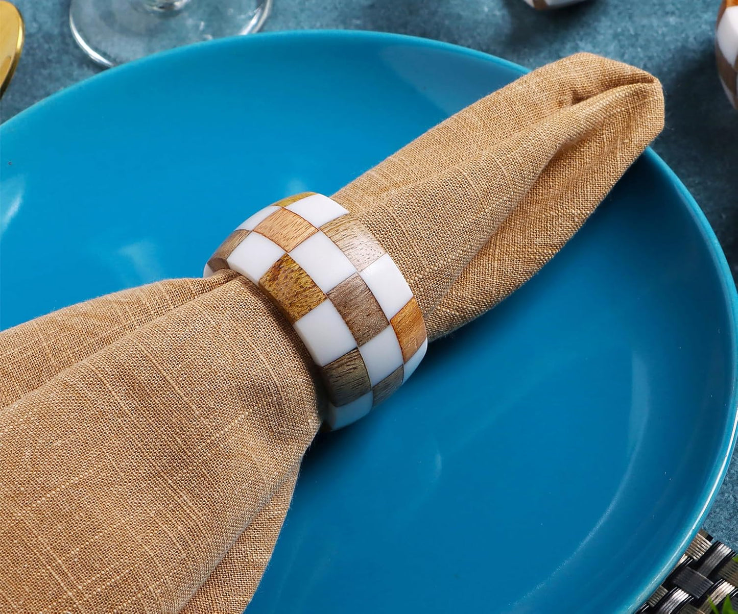 Alpha Living Home Epoxy Wood Napkin Rings, Set of 12, Brown Cream | Handcrafted epoxy resin & natural wood, 2 x 2 x